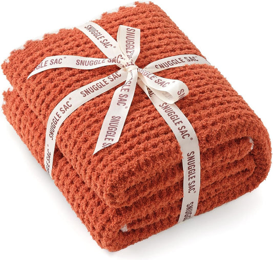 Snuggle Sac Orange Waffle Blanket for Couch Bed Sofa 60x80 inches, Reversible Soft Throw Microfiber Fluffy Fuzzy Cozy Knit Twin Blanket for Women Mothers Birthday Gifts