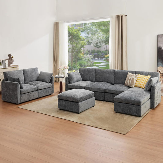 Tbfit Modular Sectional Couch 8 Seat, Cloud Sofa for Living Room,Chenille Sofa Set with Ottoman, Grey