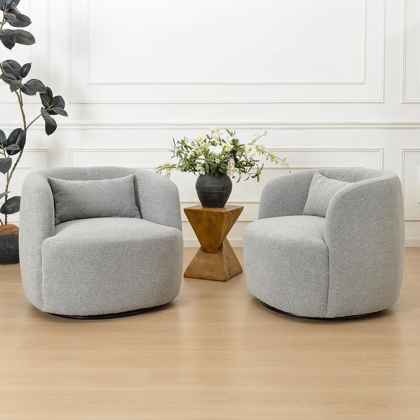KINWELL 34" Wide Sherpa Swivel Barrel Chairs Set of 2, No Assembly Round Boucle Upholstered Accent Chairs Armchairs Single Sofa Chair with Toss Pillow for Living Room and Bedroom, Gray