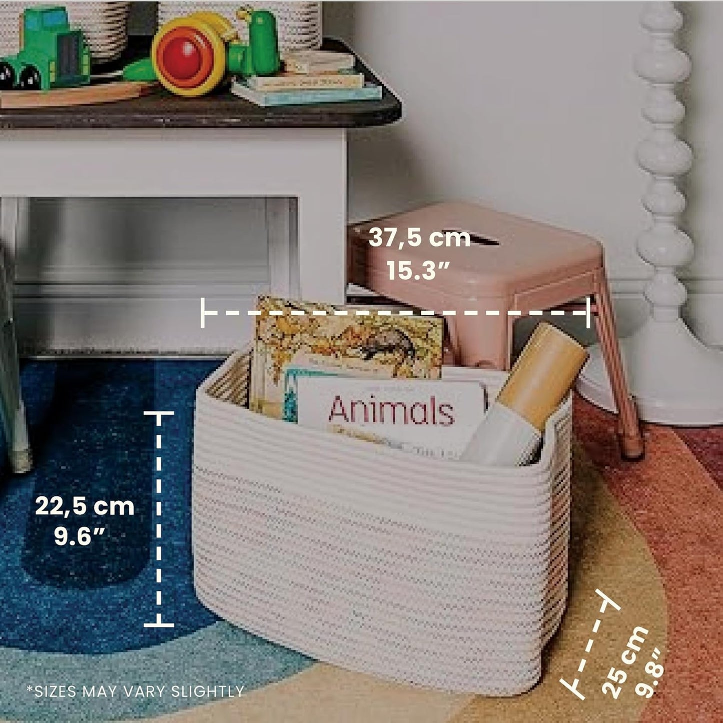 OrganiHaus Woven Storage Baskets for Organizing, Cotton Rope Organizer Bins for Shelves, Closet & Nursery, Dog Toy Basket, Decorative Bins for Toys, Towels & Books - 15x10x9, Rainbow Stitches