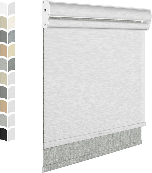 BERISSA Cordless Dual Roller Shades with Cassette Valance, Double Window Shades, Blackout and Light Filtering, Day and Night for Home Office Door. Linen Grey and White. 32 W x 86" H