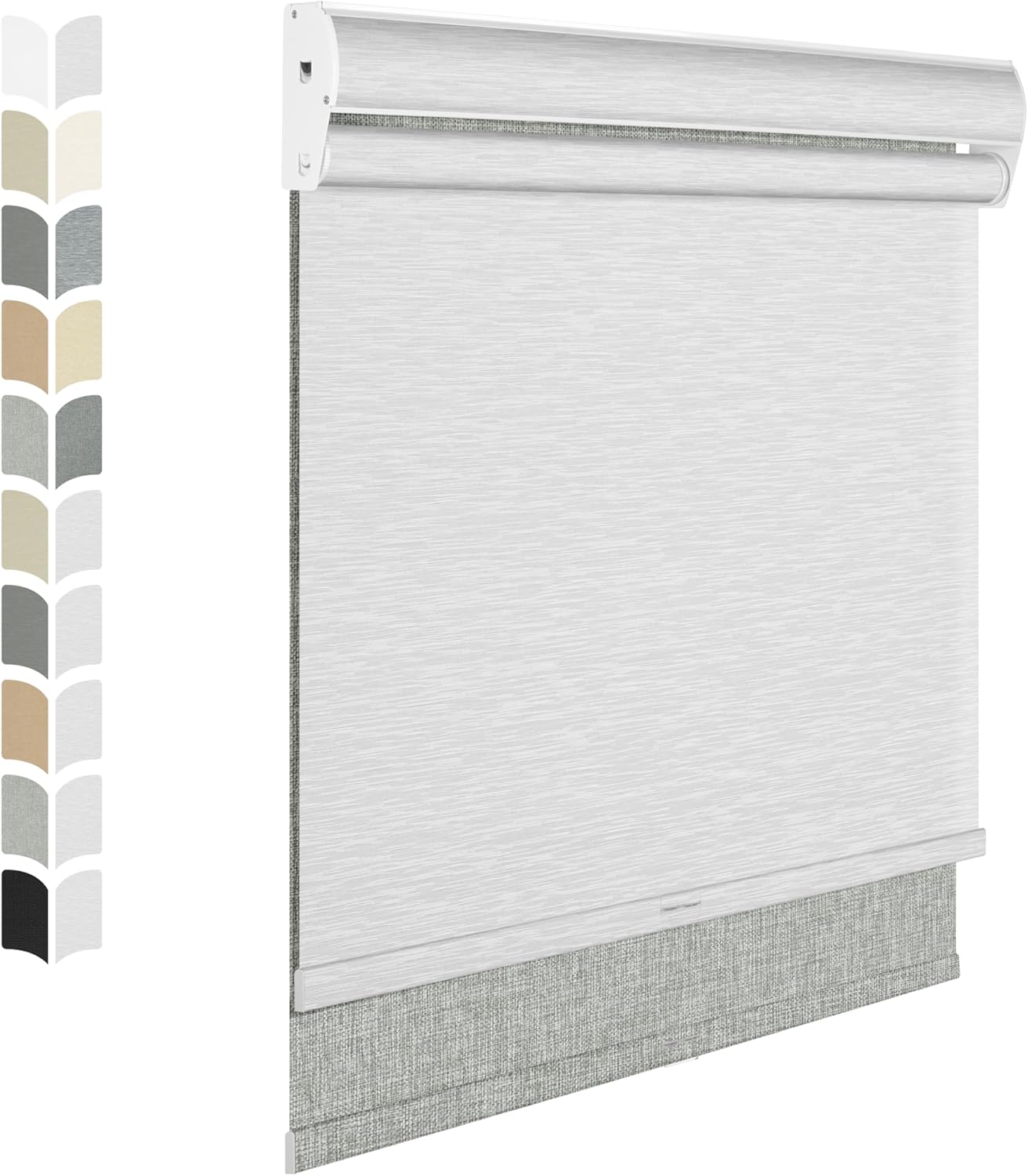 BERISSA Cordless Dual Roller Shades with Cassette Valance, Double Window Shades - Blackout and Light Filtering - Day and Night - Linen Grey and White - 44 W x 64" H