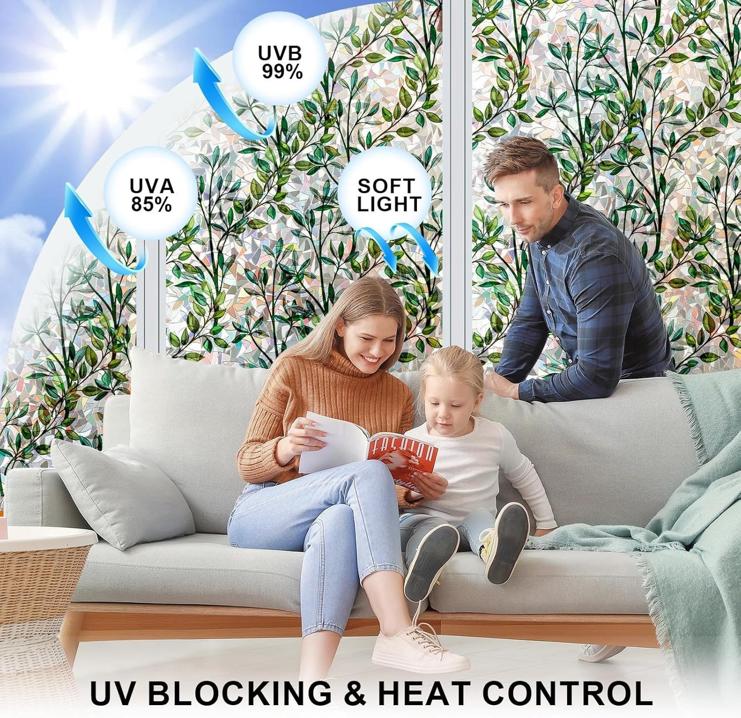 Rainbow Window Privacy Film 3D Leaf Decorative Stained Glass Window Film Anti UV Non-Adhesive Reusable 23.6" x 78.7" for Home Room Car Glass Cling