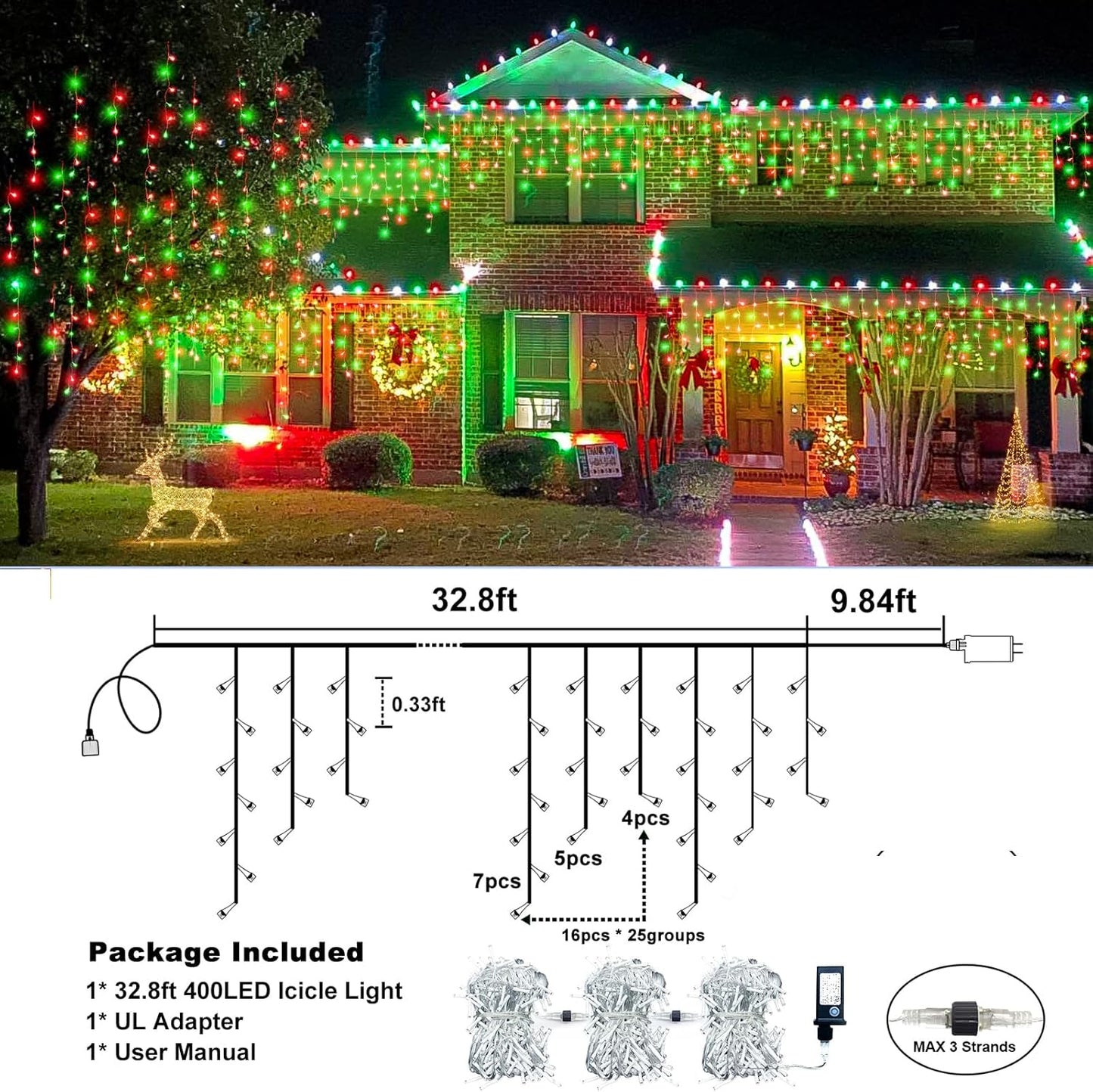 Icicle Lights for Outside, 33FT 400 LED Christmas Lights Outdoor with Waterproof 8 Modes, Plug in Connectable String Twinkle Light for Indoor Roof Window Garden Fence Party Decorations, Red Green