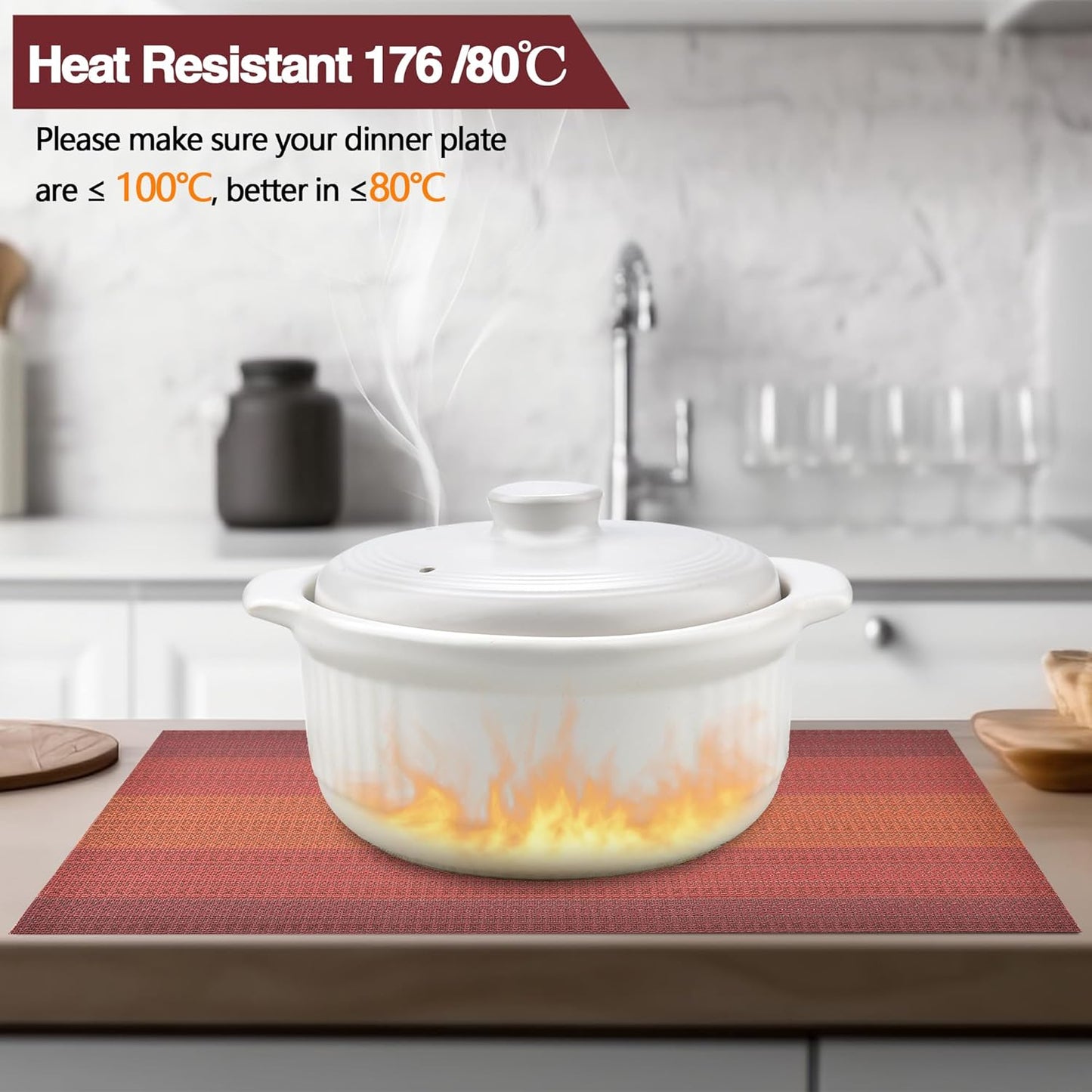 Placemats Set of 6 - Easy Clean Washable Vinyl Placemats - Wipeable Heat Resistant Table Mats for Dining Table - 17.7x11.8 Inch (6, Red Gradient)