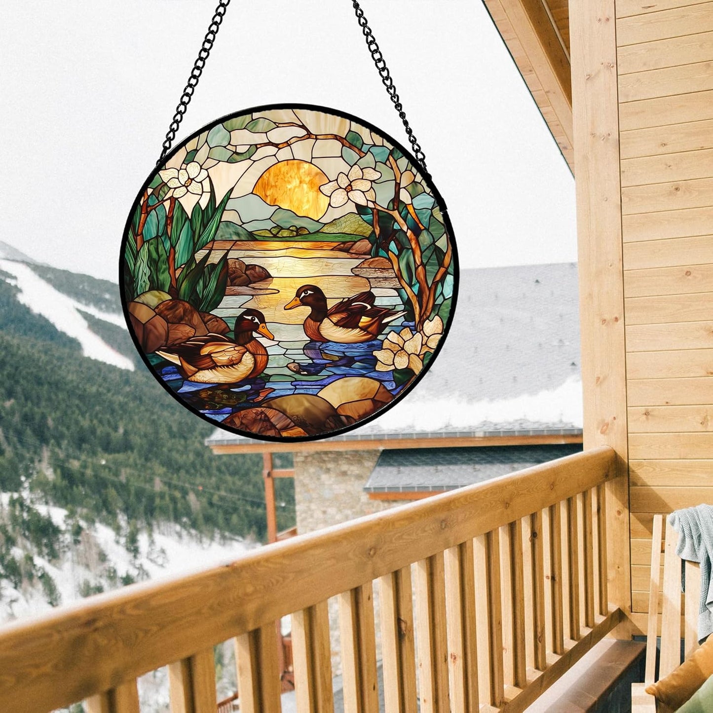 Stained Glass Window Hanging, Ducks in The Pond Sun Catcher for Door Home Decor Landscape Plant Suncatcher Christmas Mother's Day Birthday Gifts for Women Men Mom Nana 7.8 in