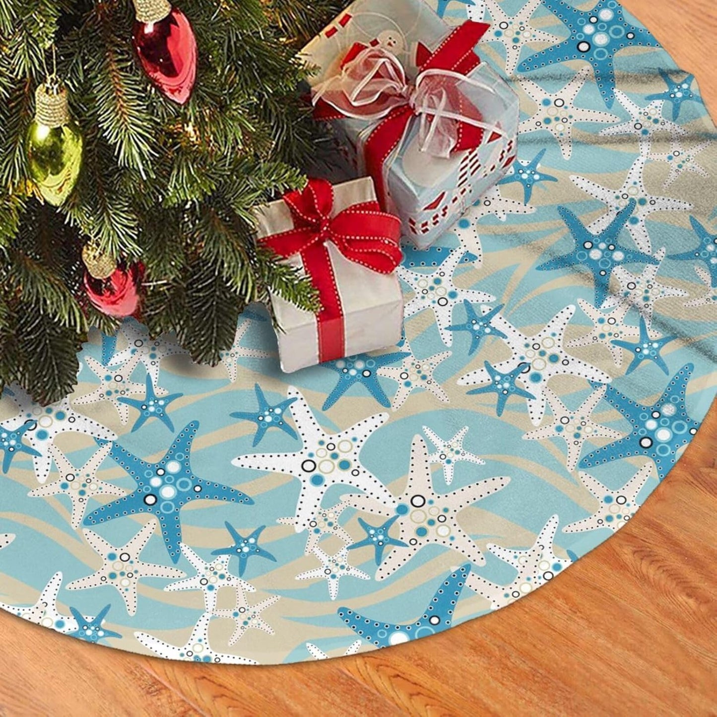 Christmas Tree Skirt,Beach Starfish Xmas Tree Skirt Rustic Farmhouse Tree Skirt for Christmas Decor Xmas Holiday Home Party Decorations48