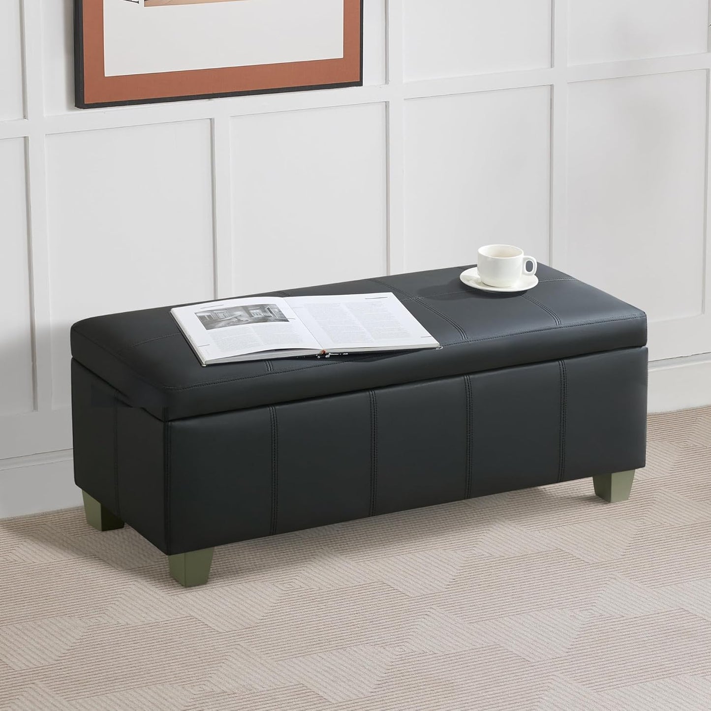 41" Faux Leather Storage Ottoman, Stitch Tufted Rectangle Upholstered End of Bed Storage Bench, Entryway Large Couch Ottoman with Wooden Legs, Dark Black