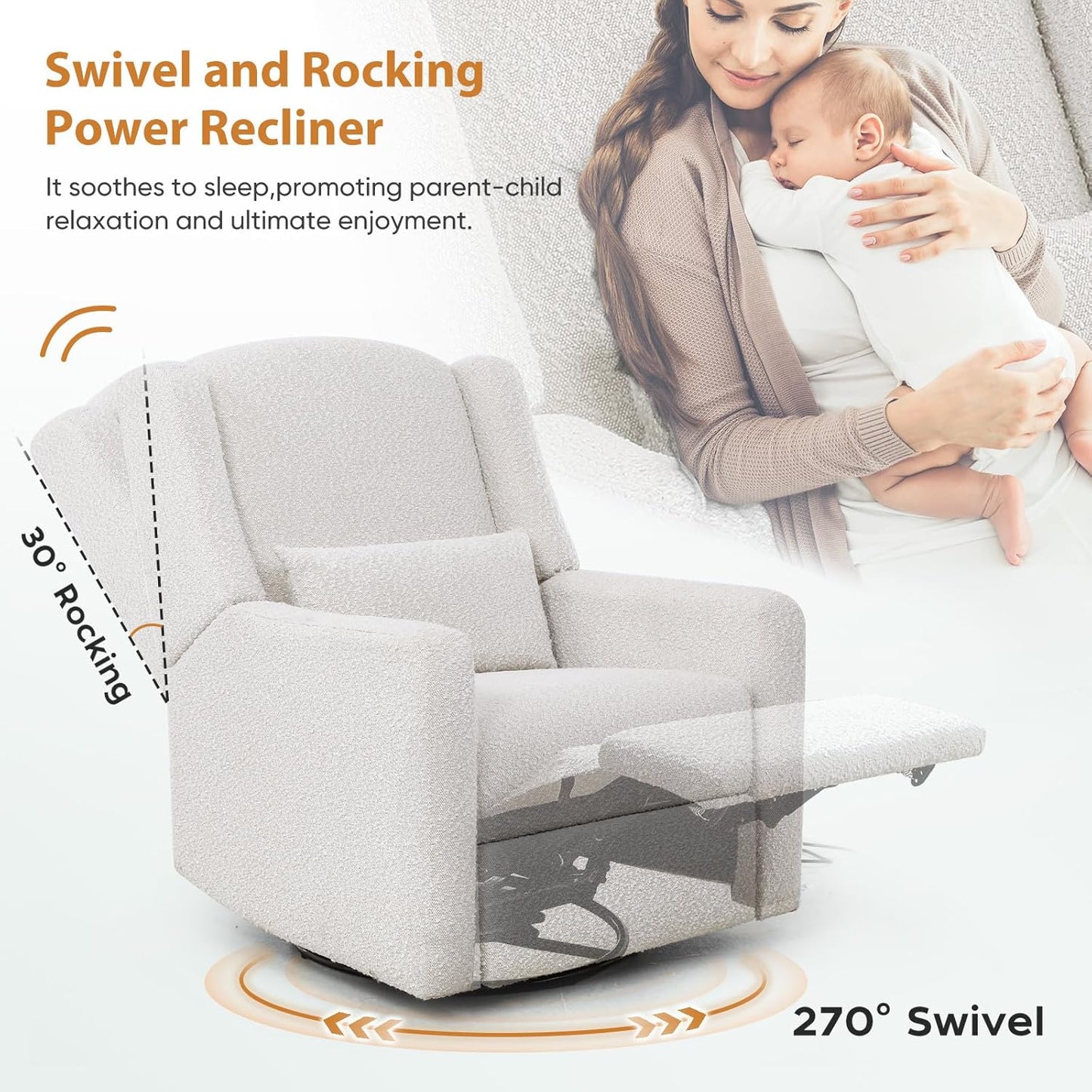 Power Recliner Chair Swivel Glider, Large Rocker Recliner with Ottoman & USB Charging Port, Boucle Upholstered Swivel Rocker Glider Recliner for Nursery,Bedroom,Living Room, Cream
