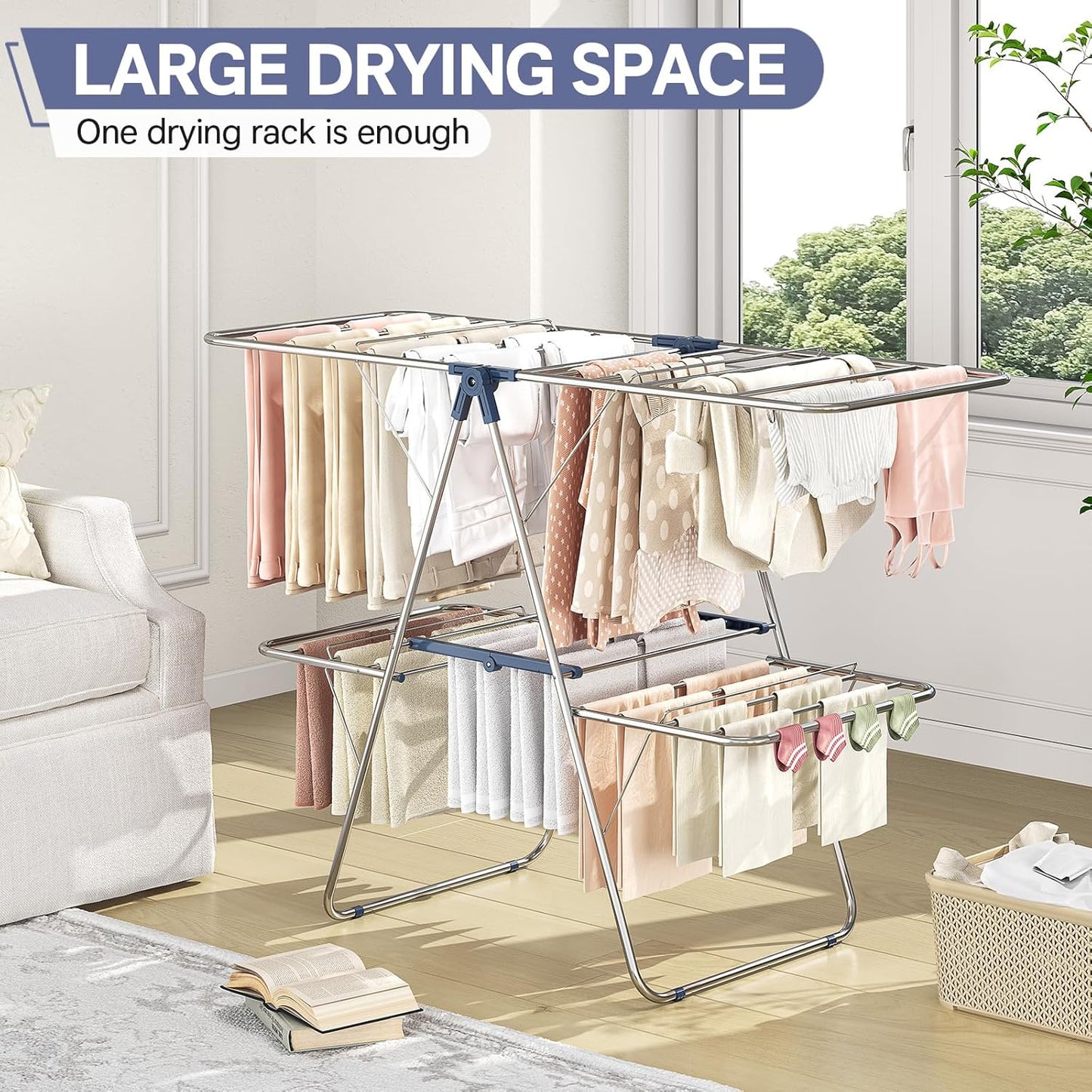 APEXCHASER Clothes Drying Rack with 4 Wings, Drying Rack Clothing with Height-Adjustable, Foldable Gullwings Laundry Drying Rack, Indoor Outdoor Use, No Assembly, Blue