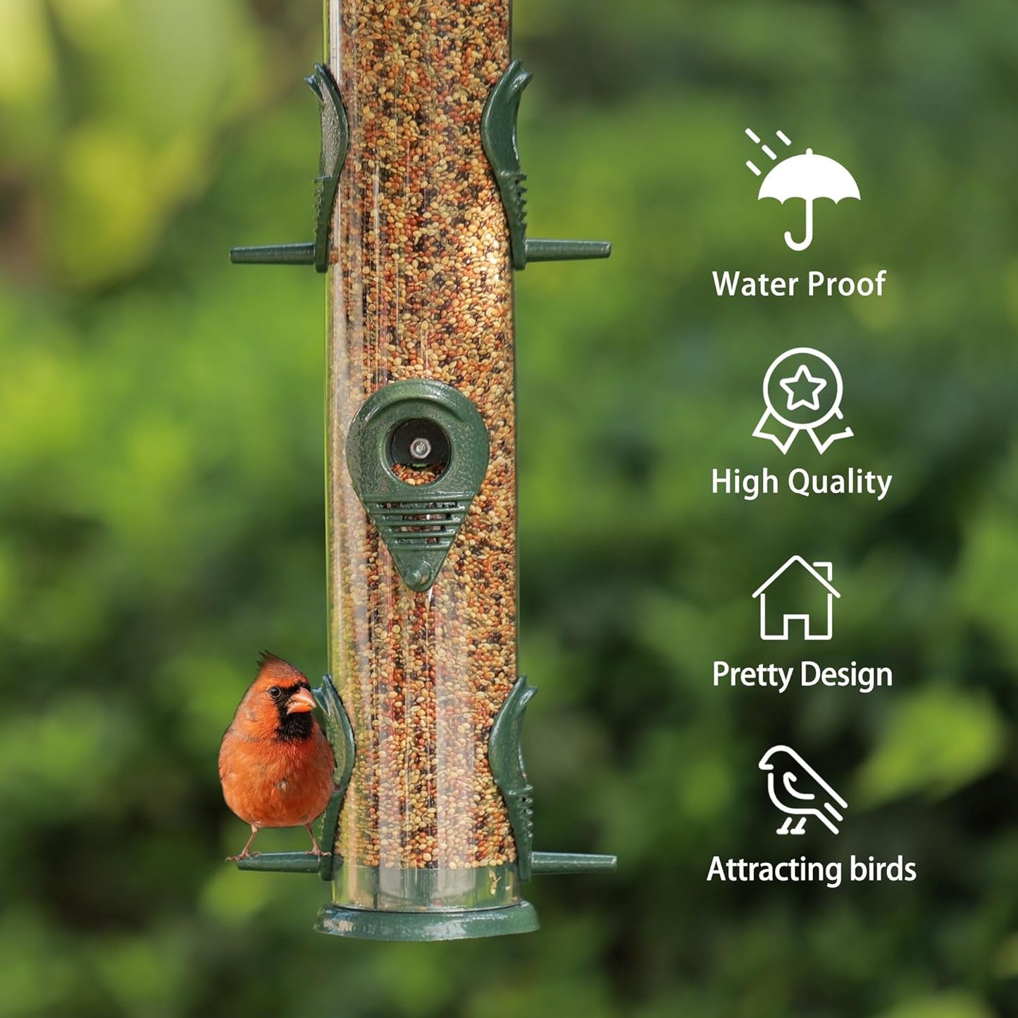 MIXXIDEA 1PK Metal Bird Feeders with 6 Feeding Ports,Tube Bird Feeder with Steel Hanger,Hard Plastic Wild Bird Feeder for Outdoors Hanging, Attracting Birds in Your Lawn, Garden, Balcony–Green