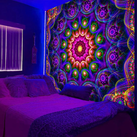 Blacklight Trippy Mandala Tapestry, Boho Black Light Posters for Adults UV Reactive Room Decor for Bedroom Wall (40 x 30 Inches)