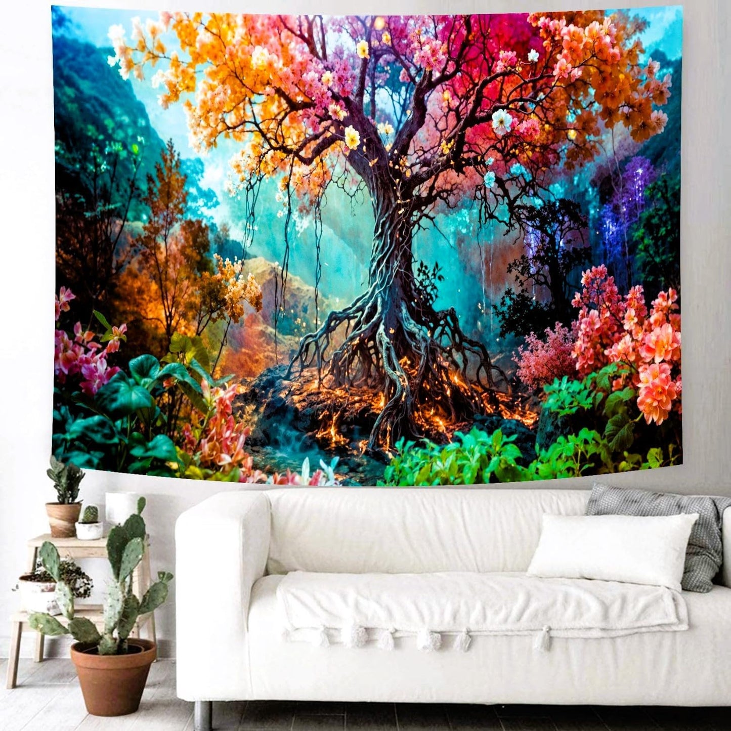 Delur Forest Tapestry Tree of Life Fantasy Tropical Rainforest Tapestry Wall Hanging Colorful Nature Mystical Landscape Psychedelic Spiritual Headboard for Bedroom Living Room Home Decor (70.8" x 92.5")