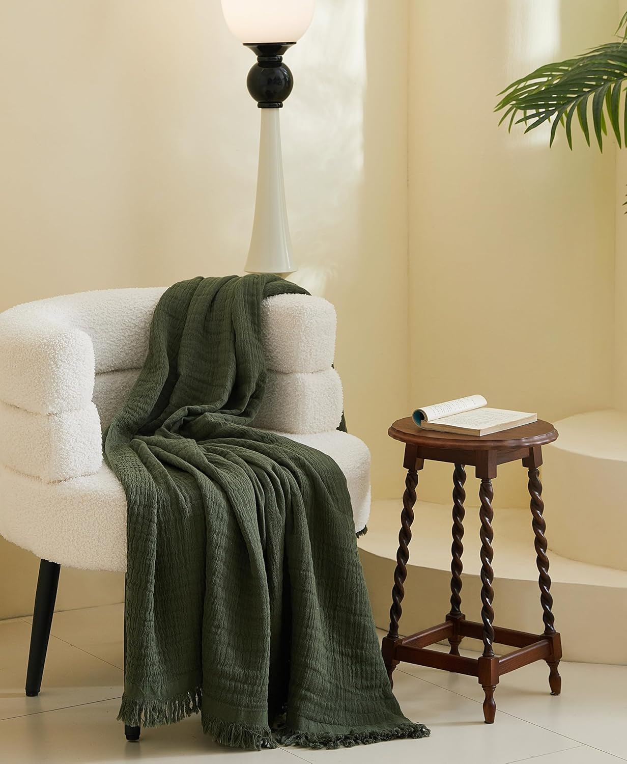 100% Cotton Muslin Throw Blanket for Bed, Couch, Small, Decorative, Soft, Pre-Washed, Breathable and Lightweight Gauze Blanket with Tassels, Suitable for All Seasons, Olive Green, 50"x60"