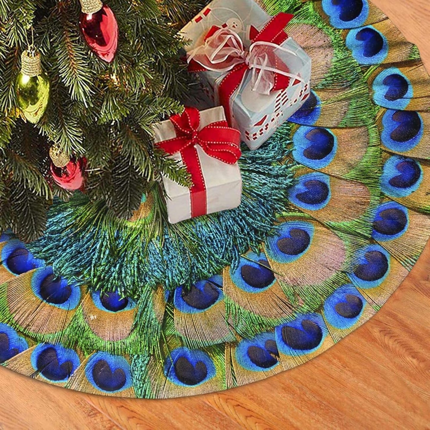 Christmas Tree Skirt,Peacock Feathers Circle Xmas Tree Skirt Rustic Farmhouse Tree Skirt for Christmas Decor Xmas Holiday Home Party Decorations48
