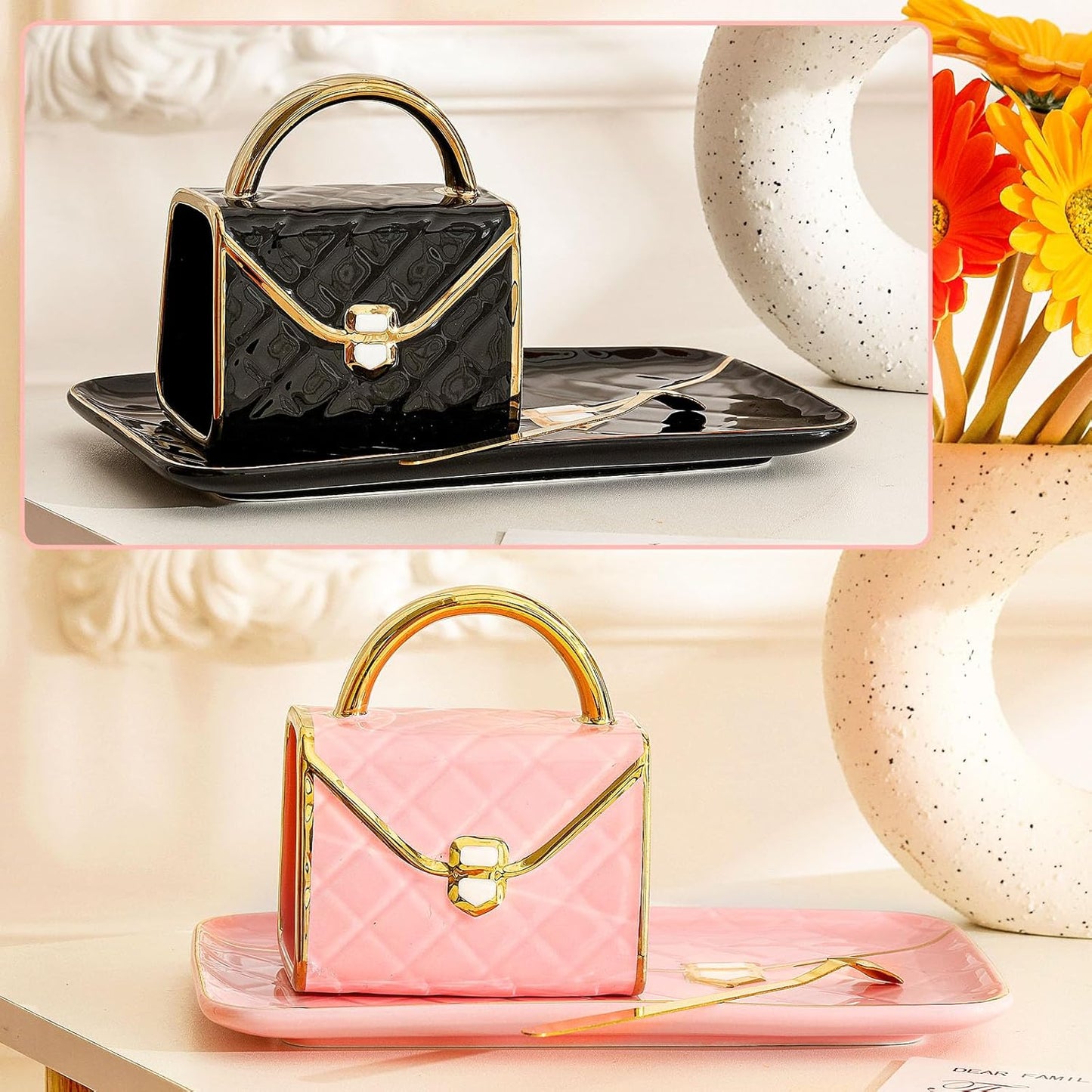 Zubebe 2 Sets Coffee Mug Elegant Handbag Shaped Cup Modern Ceramic Purse Mug with Spoon and Saucer, 10oz Cute Creative Tea Cup for Office Home Woman Girls Gift (Pink,Black)