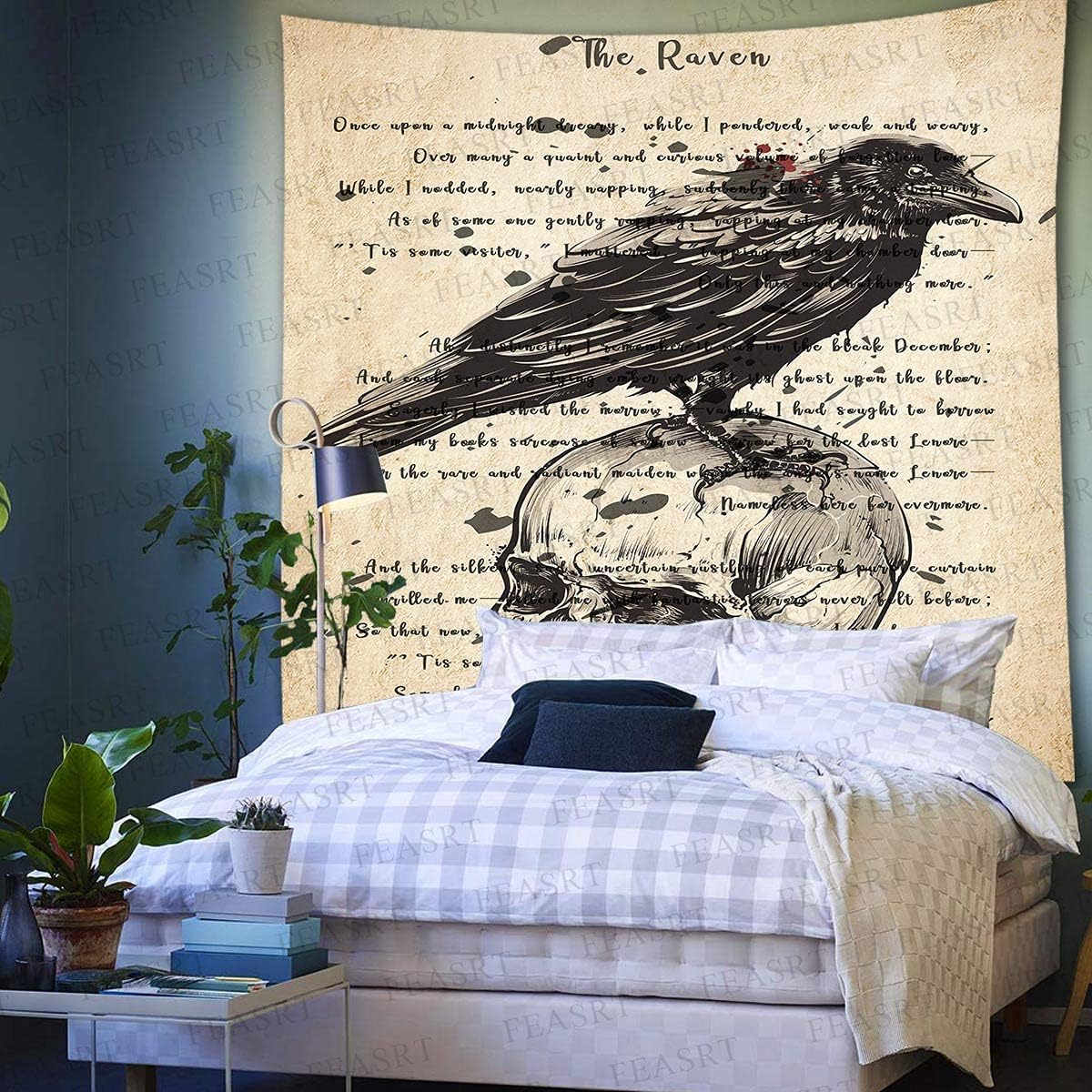 Tapestry Wall Hanging Ancient Raven Hymn Wall Decor for Gothic Rustic Home Room, 84x90 Inches Soft Flannelette, Gothic Skull and Raven Dictionary Poster GTQQAY1546