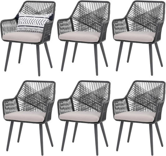 Patiorama Patio Dining Chair Set of 6, Woven Rope Outdoor Dining Chairs w/Steel Frame, All-Weather Twisted Rattan Chairs w/Armrest & Cushion, Outdoor Dining Wicker Chairs for Backyard Garden(Black)