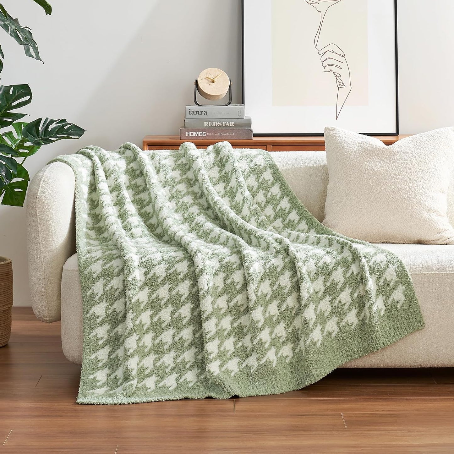 Snuggle Sac Houndstooth Throw Blanket for Couch, Reversible Super Soft Warm Blankets Cozy Knit Fuzzy Plush Lightweight Throws for Sofa, Bed, Camping, Green,50x60 inches