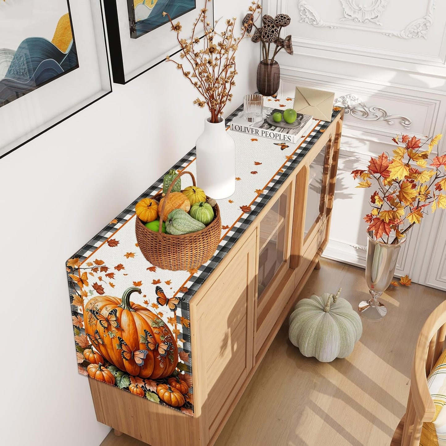 Linen Black and White Buffalo Check Plaid Fall Table Runner 120 Inches Long, Fall Leaves Pumpkin Butterfly Home Kitchen Table Decor, Farmhouse Autumn Thanksgiving Harvest Festival Decorations for Home