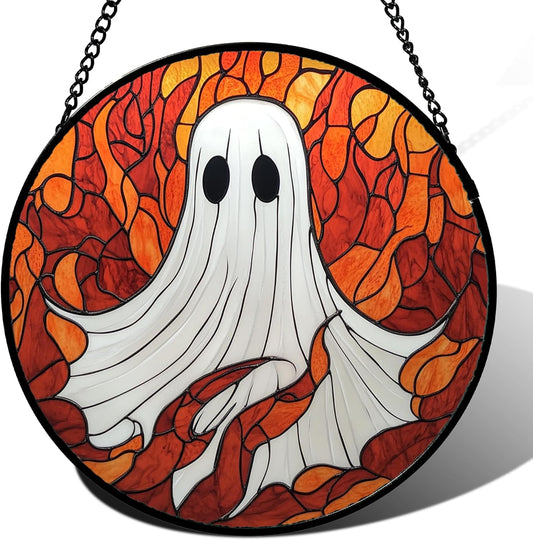 Stained Glass Window Hanging - Halloween Decorations White Ghost Orange Sky Suncatcher for Doors Garden Funny Spooky Sun Catchers Gothic Decor Horror Gifts for Women Men Friend Boy 9.8 in
