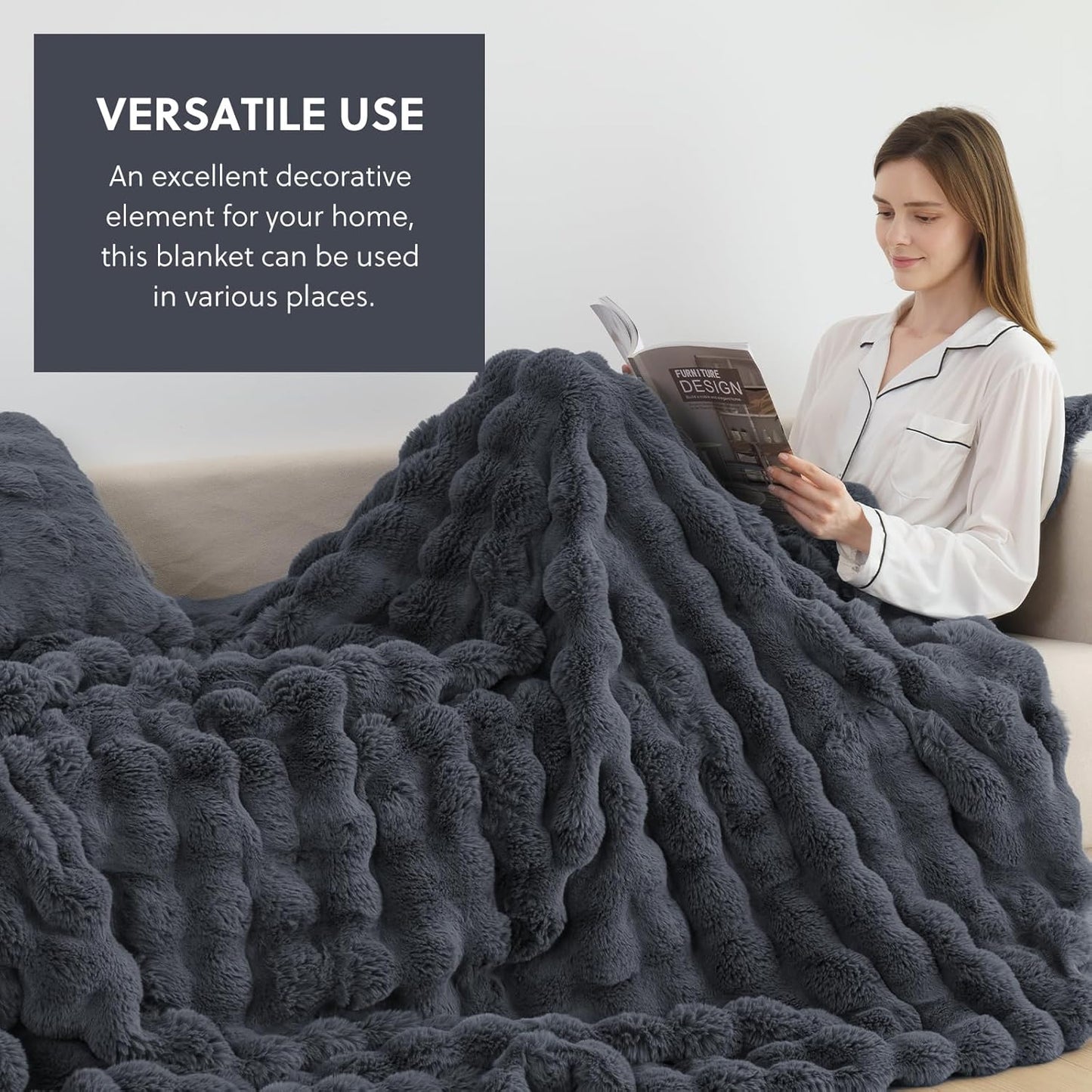 Cozy Faux Fur Throw Blanket for Bed-Warm Fuzzy Throw Blanket, Soft Plush Thick Bubble Blankets for Bedroom and Living Room, Furry Luxury Blanket, 60 x 80, Grey