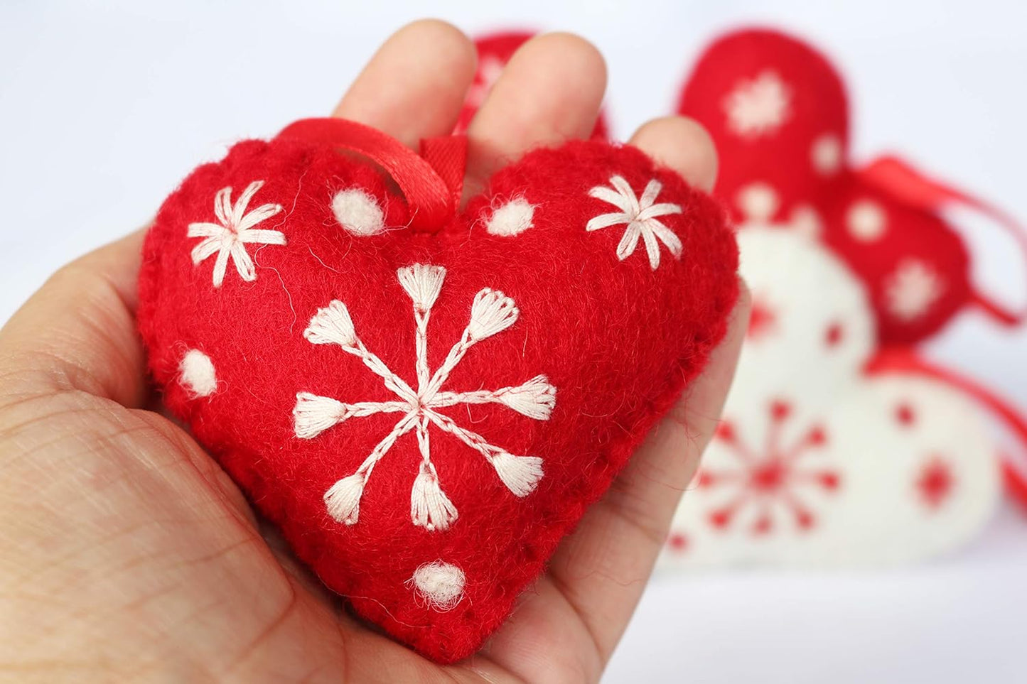 Hearts Christmas Ornaments Set of 4-Snowflake 100% Pure New Zealand Wool Handmade Eco-Friendly Valentine's Day Decor Shower Nursery Decoration Fair Trade (4, Heart)