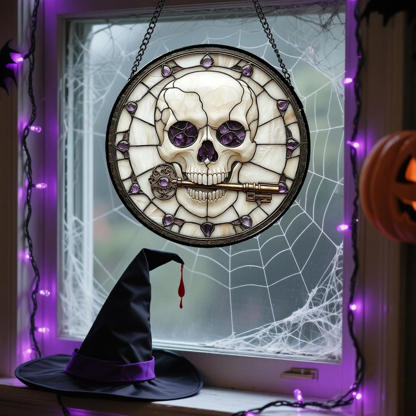 Stained Glass Window Hanging - Halloween Scary Skull Suncatcher for Doors Garden Home Spooky Purple Skeleton Key Sun Catchers Gothic Decor Horror Gifts for Women Men Friend Boy Girl 7.8 in
