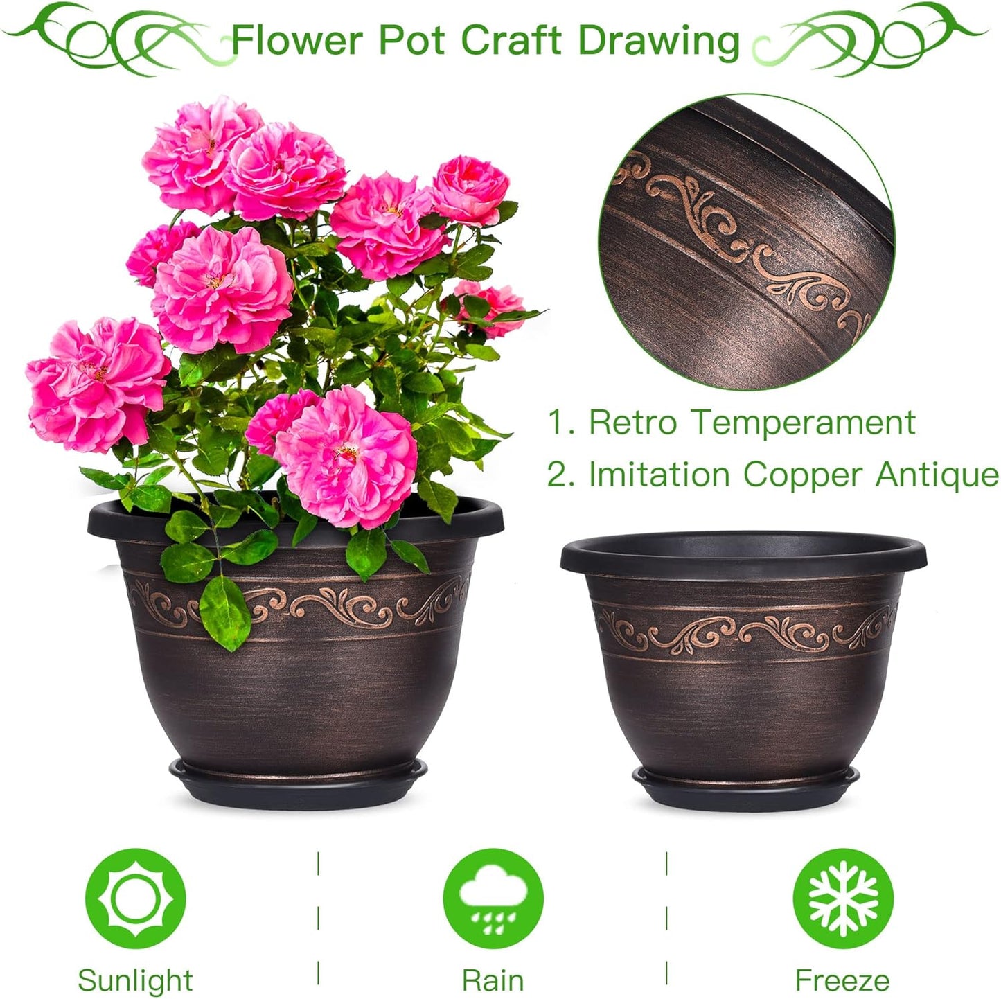 Plastic-Plant-Flower-Planters-16 Inch with Drainage Hole & Saucer, 3 Packs Lightweight Small Resin Flower Pot Indoor Outdoor, Retro Antique Imitation Decorative Garden Containers Sets for Houseplants