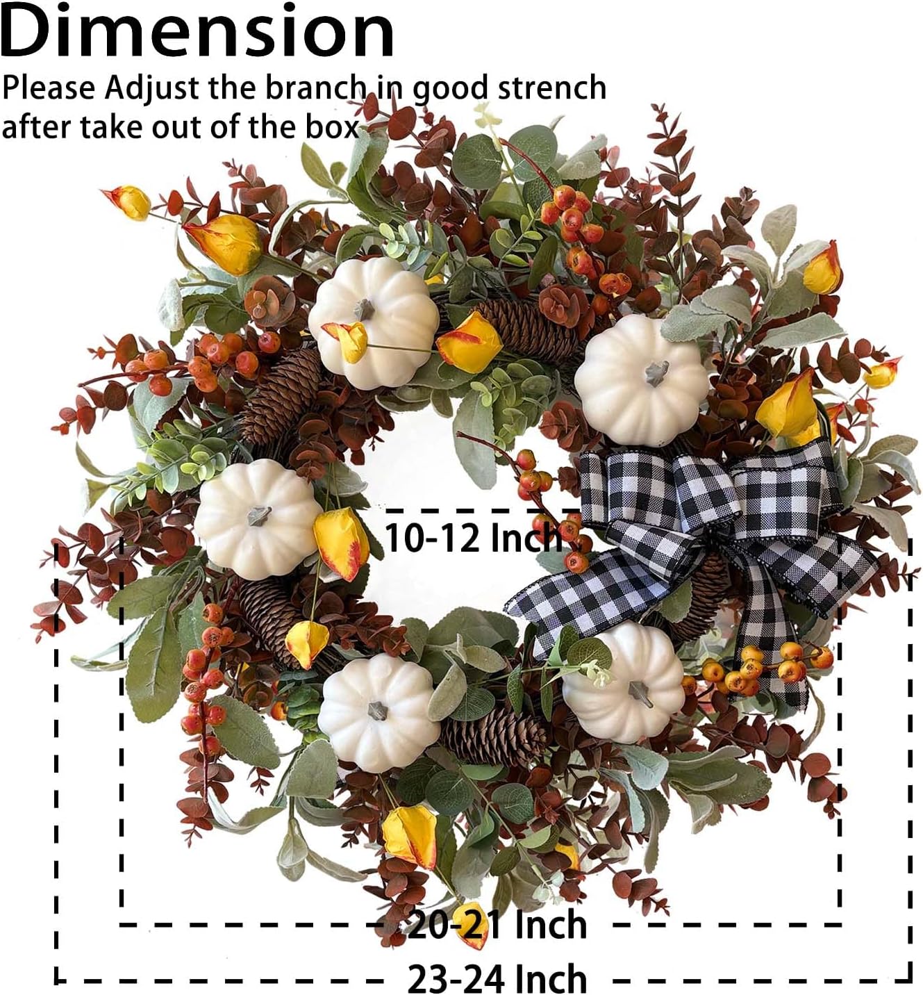 WANNA-CUL 24 inch Large Farmhouse Fall Wreath Decor for Front Door with White Pumpkin,Cotton,Lamb's Ear and Eucalyptus Leaves,Harvest Door Wreath for Autumn or Thanksgiving Decorations