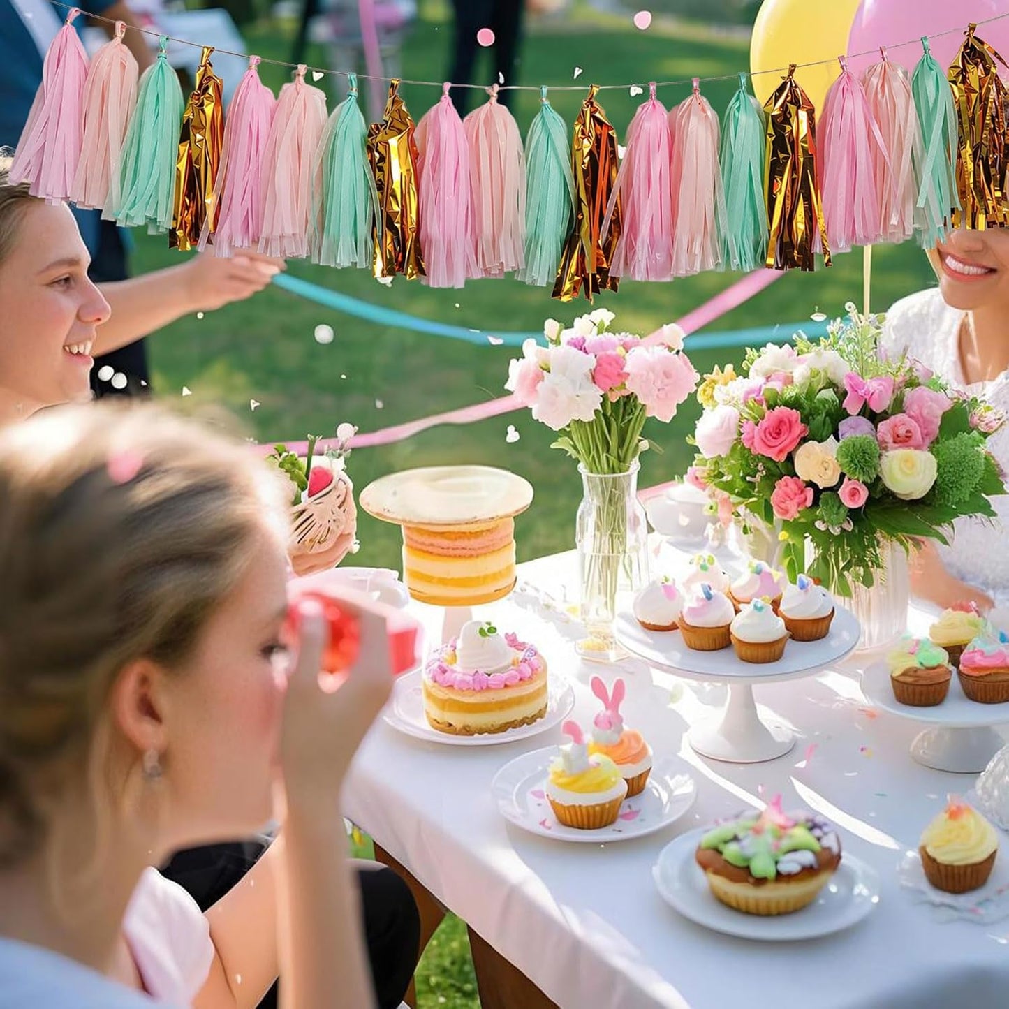 Shiny Tassel Garland Tissue Paper Tassel Banner,Tassels Party Decorations for Wedding,Birthday,Bridal/Baby Shower,Pack of 20 (Gold/Mint/Peach/Pink)