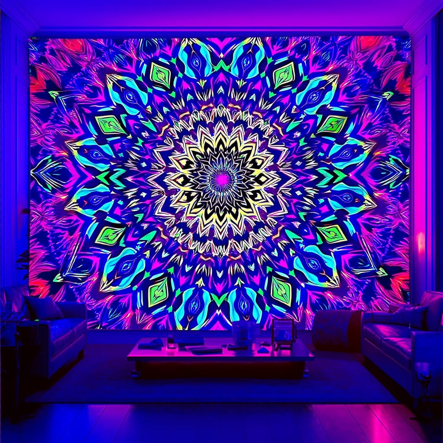 Blacklight Mandala Tapestry for Bedroom, XL Black Light Posters for Adults and Teens, Colorful UV Reactive Aesthetic Bohemian Wall Art Decor (90 x 70 Inches)
