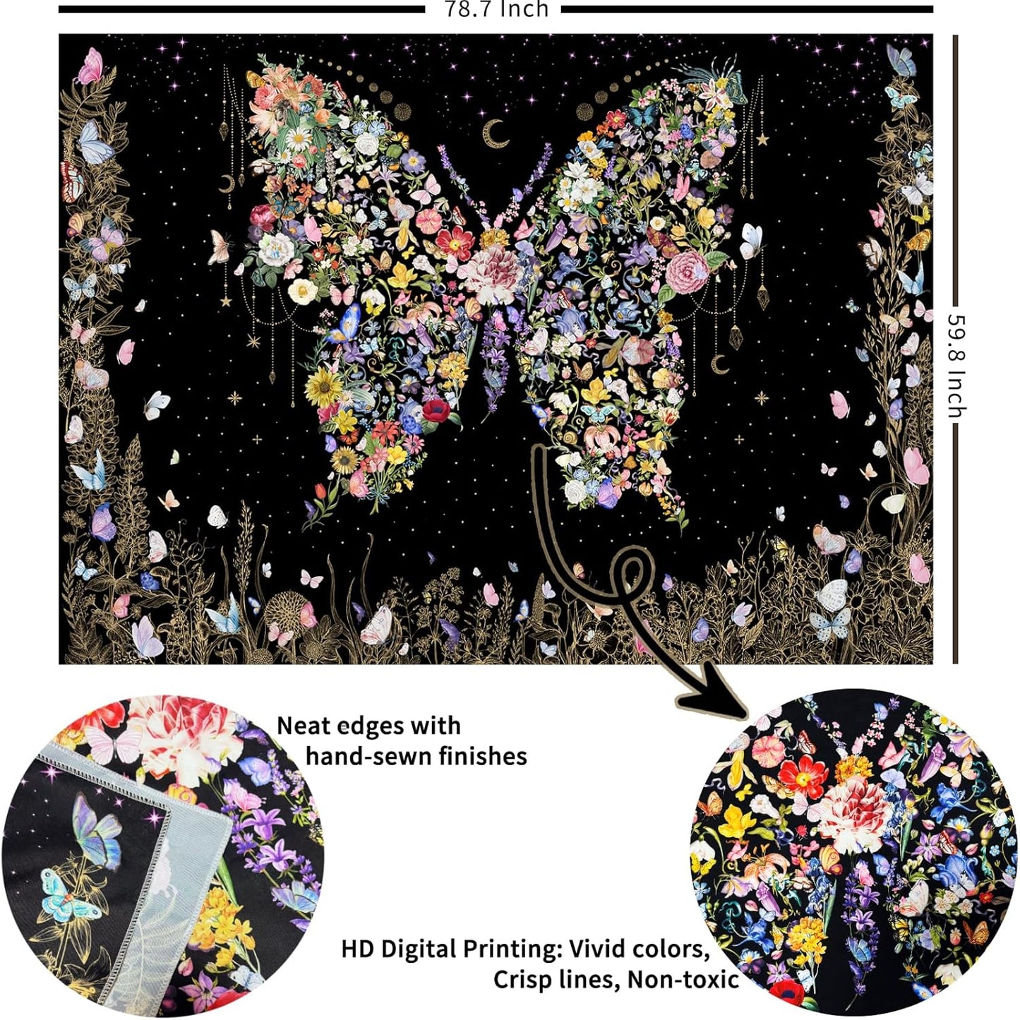 Damanse Butterfly Tapestry Wall Hanging Cute,Boho Wall Tapestry for Bedroom Aesthetic,Flower Living Room Decor for Teen Girls (Black, 59.80" x 78.70")