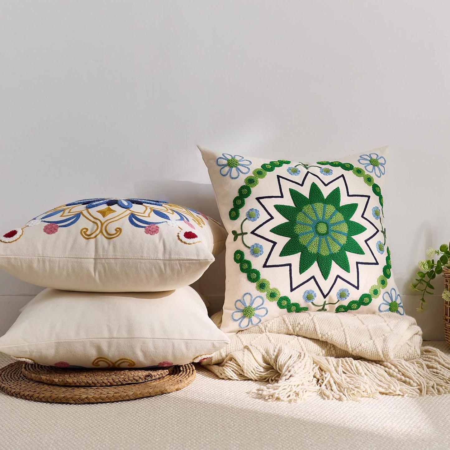 Embroidered Throw Pillow Cover 18x18 Classic Boho Floral Pattern Pillows Cover Outdoor Decorative Pillowcase,Durable Cozy Textured Cushion Case for Sofa Couch Bed Living Room,Green