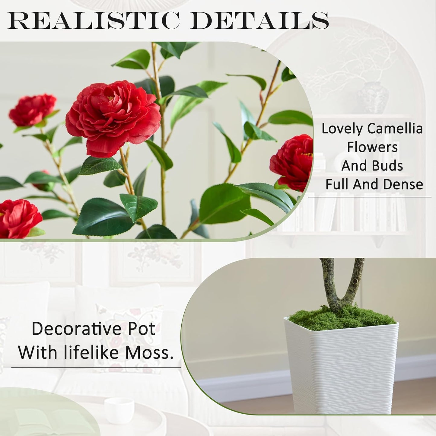 Artificial Camellia Tree 5FT Faux Trees Indoor Fake Floral Plant Blooming Tree with Red Flowers & White Tall Planter, Faux Camellia Plants for Porch Home Room Bedroom Office Front Door Outdoor Decor