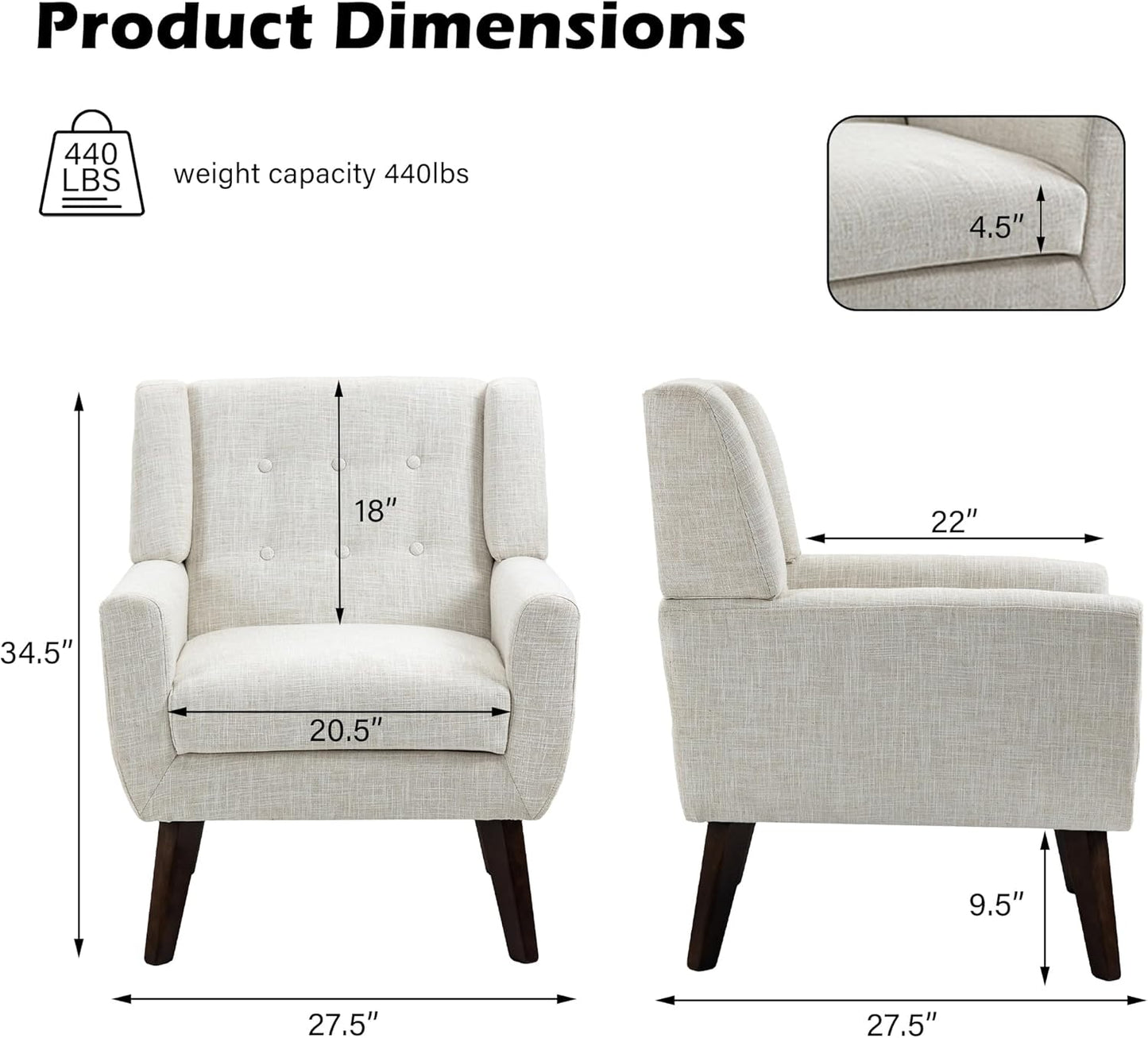 UIXE Accent Chair Modern Upholstered Armchair, Comfy Living Room Arm Chairs Mid Century Single Sofa Reading Side Seat for Bedroom, Home Office - Beige