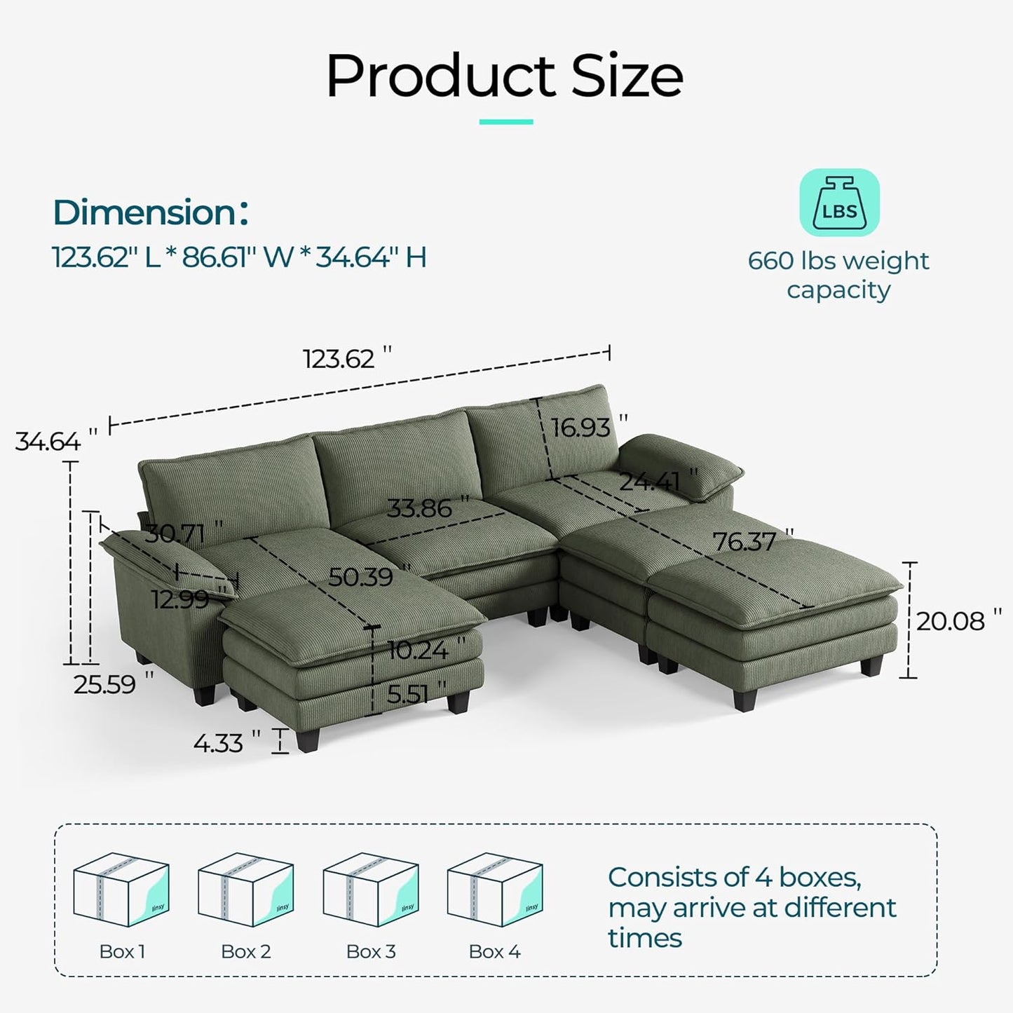 LINSY HOME Sectional Sleeper Sofa - 123'' Modular Cloud Couch Oversized Corduroy Sofa Bed with Movable Ottoman Soft Modern Comfy Couch for Living Room Apartment Office, Green