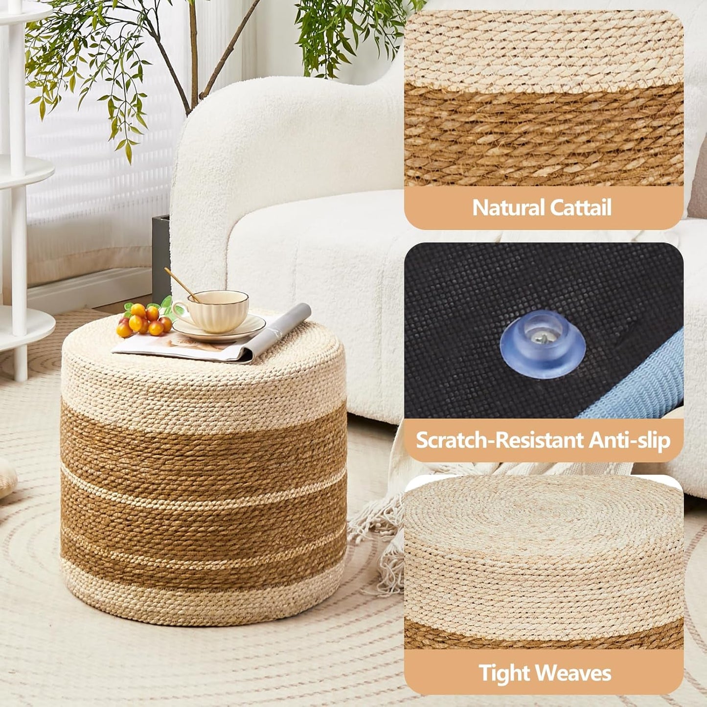 Wimarsbon 18'' Ottoman Pouf, Natural Braided Poof, Rustic Handweave Lounge Pouffe, Boho Footrest Stool for Bedroom, Accent Table or Seat for Living Room