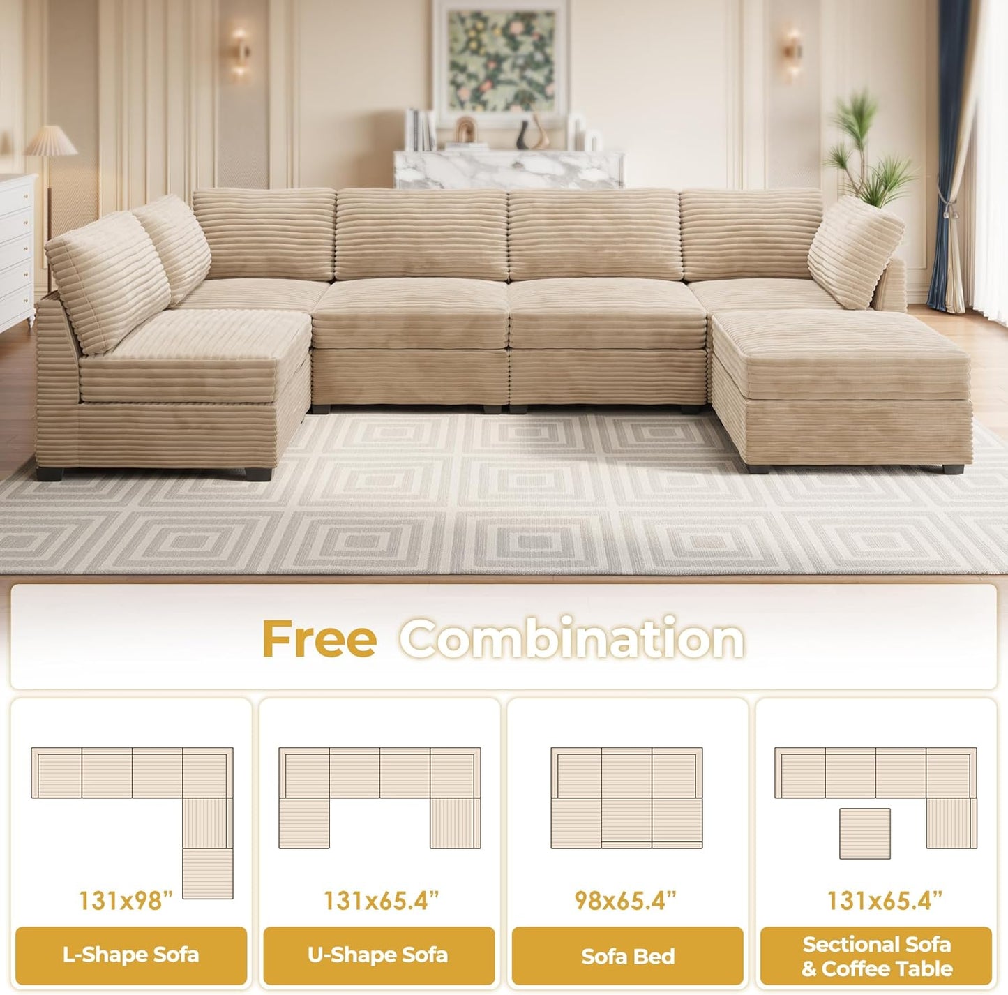 HOOOWOOO Modular Sectional Sofa,6 Pieces Sectional Couches for Living Room,98X98 L Shaped Cloud Couch with Ottoman Chaise Set(Beige Velvet Corduroy)