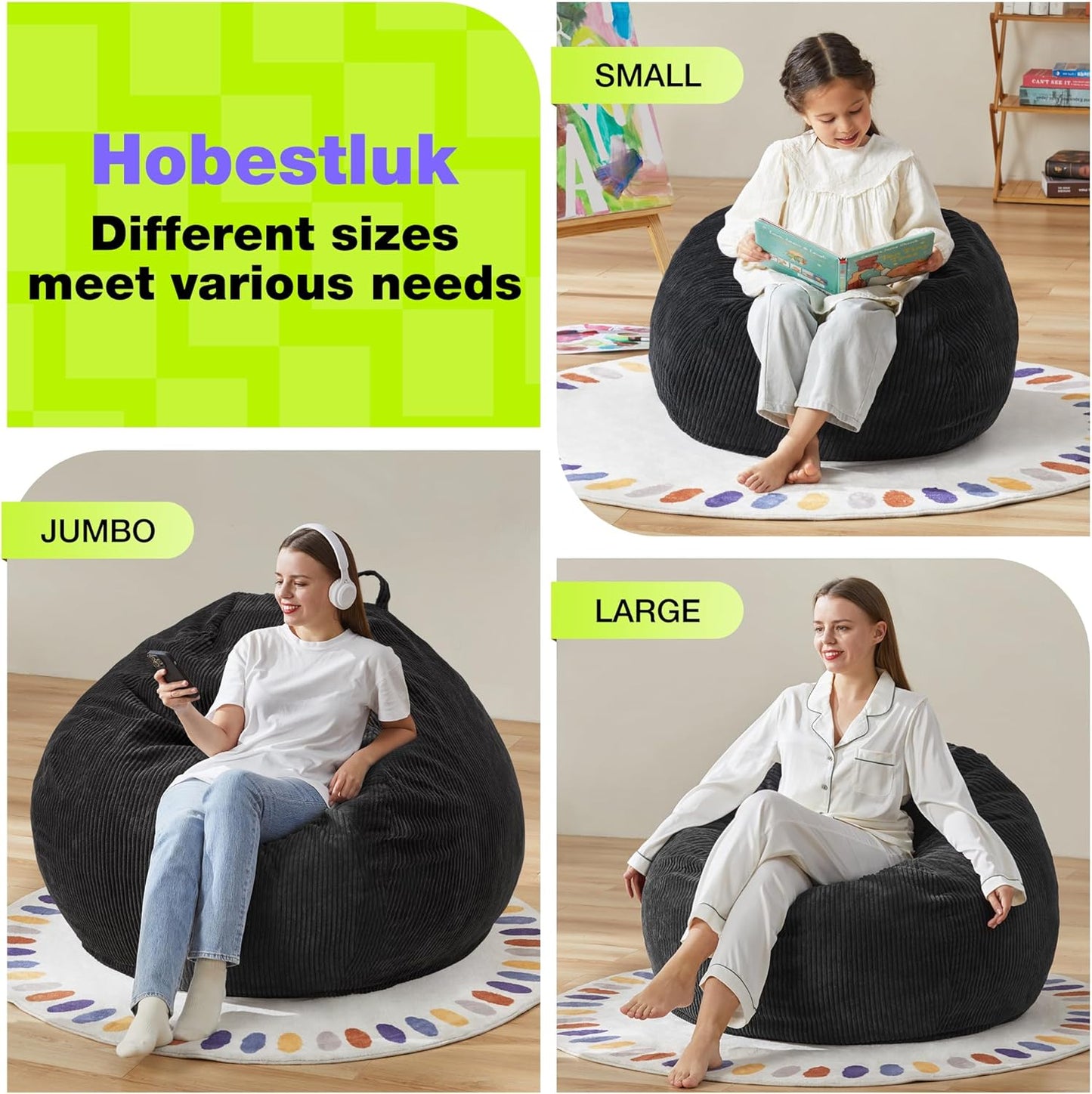 Hobestluk 4.5FT Bean Bag Chair Giant Bean Bag Chair with Filler Included Adult Bean Bag Chairs with Removable Cover for Bedroom Living Room - (Jumbo, Black)