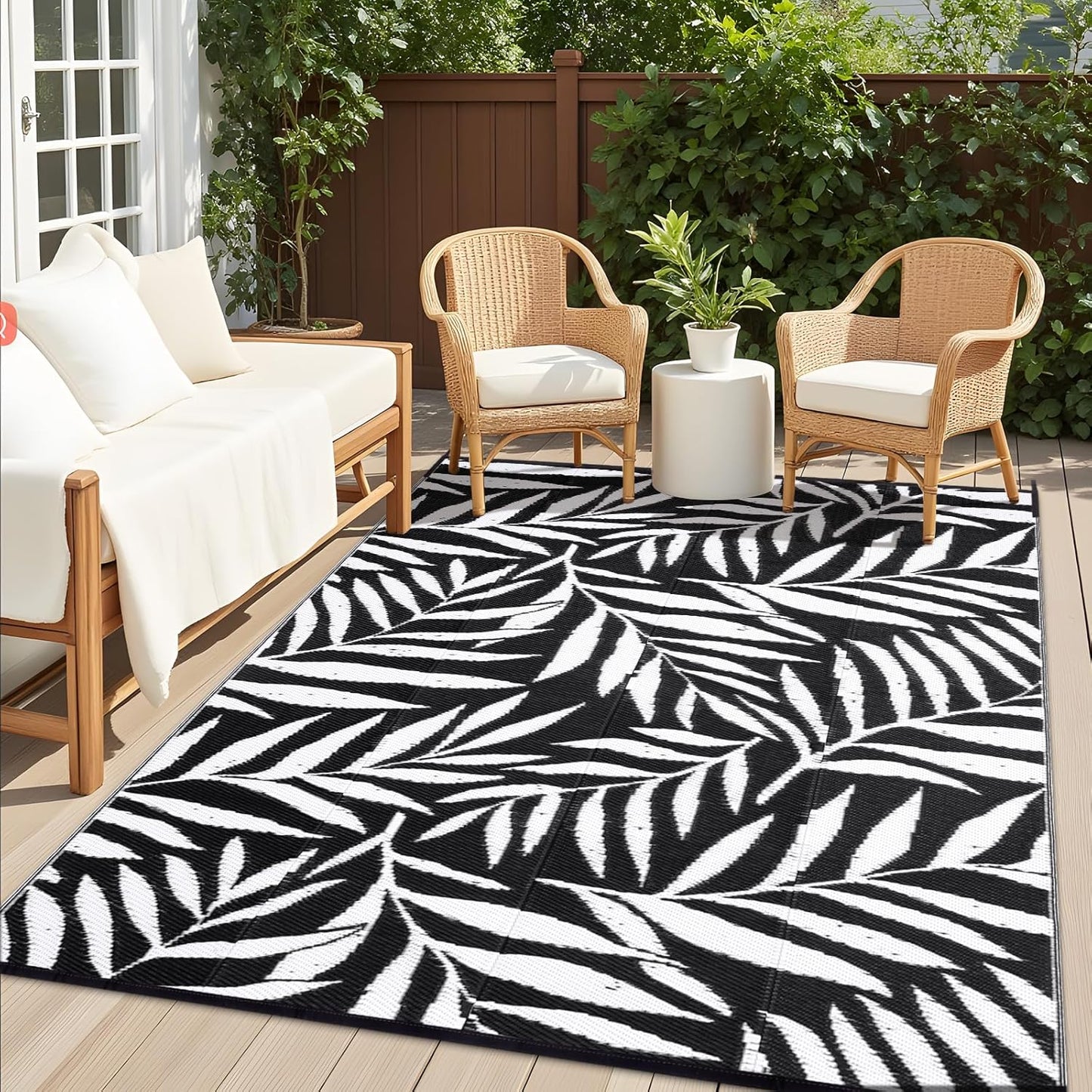 OLANLY Waterproof Outdoor Rug 8x10 ft, Reversible Outdoor Plastic Straw Rug with Leaf Pattern, RV Mat, Indoor Outdoor Carpet for Patio, Camping, Balcony, Deck, Backyard, Black & White