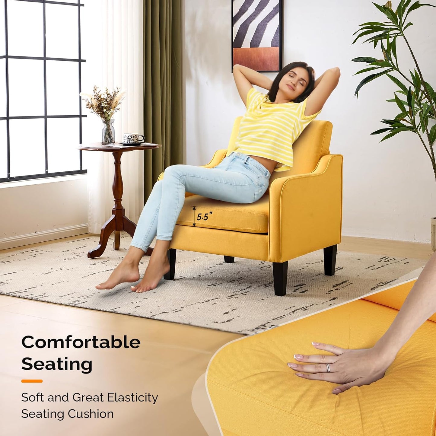 VINGLI Accent Chair for Living Room Chairs Yellow Reading Chair for Bedroom Scooped Arm Chair Mid Century Modern Accent Chairs Upholstered Comfy Chair for Apartment, Waiting Room