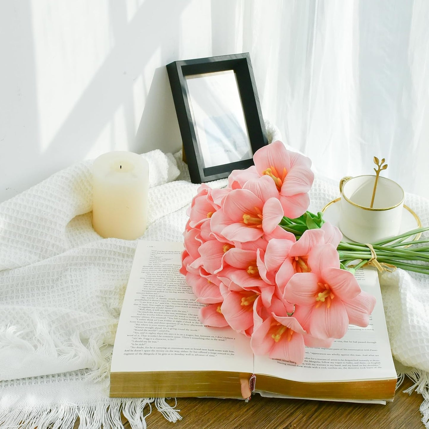 Mandy's Artificial Tulips 12 Stems Pink Fully Bloomed PU Faux Flowers for Wedding Home Decor 13.5 Inch