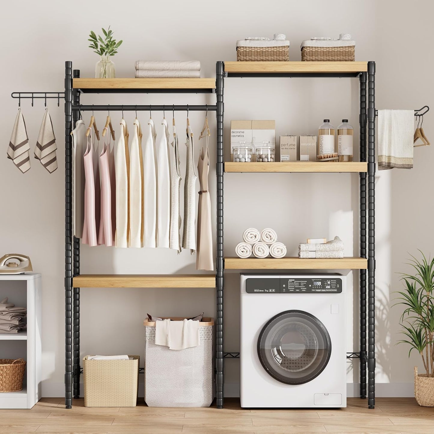5-Tier Over-The-Washer Shelf - Adjustable 28" Laundry Organizer with 100lb Double Wood Shelves, Space-Saving Storage Unit for Small Homes (Natural & Black)