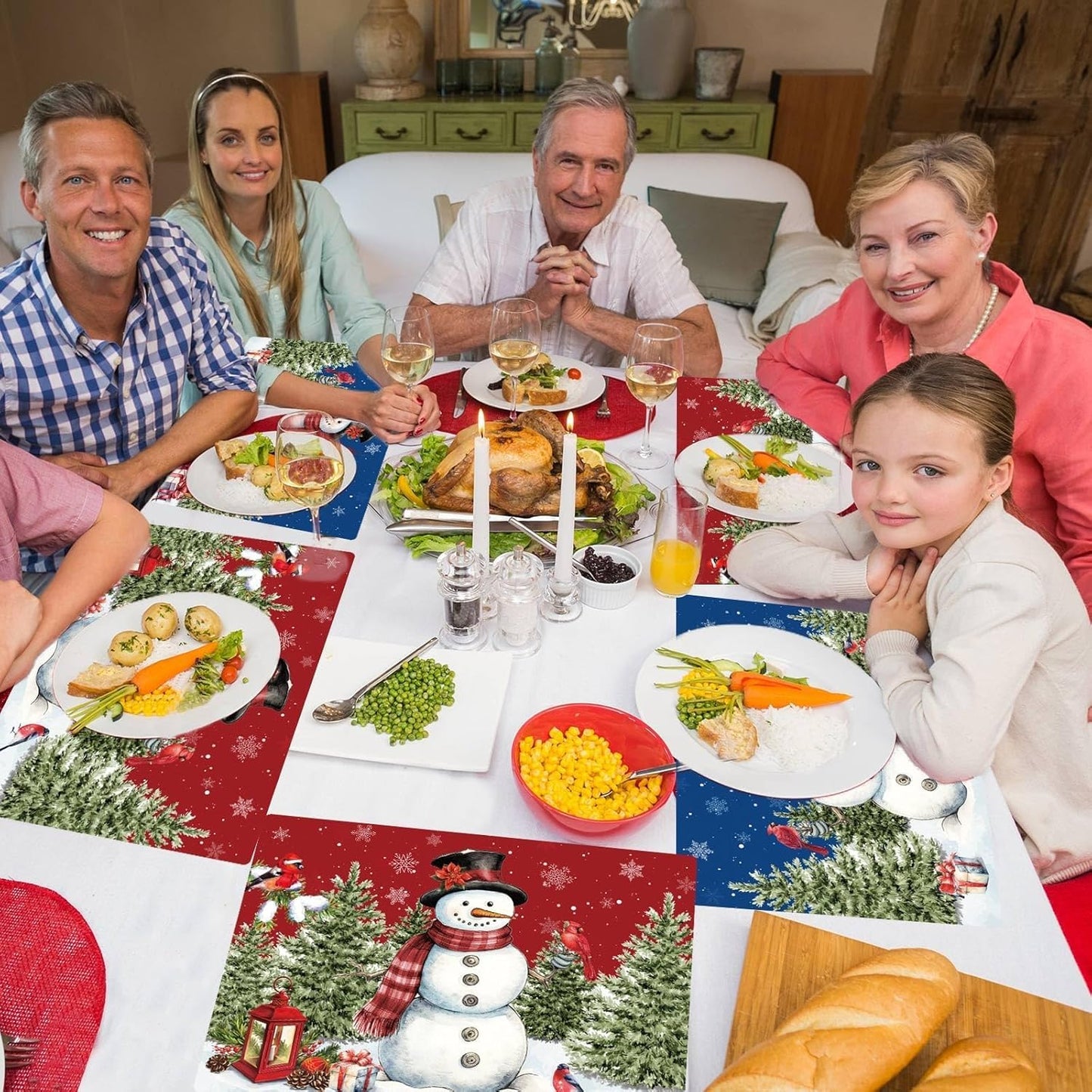 Winter Christmas Placemats Set of 6 Red Blue Snowman Plastic Table Mats Christmas Tree Birds Place Mats Washable Vinyl Seasonal Winter Table Decoration for Indoor Outdoor Party Kitchen Dining