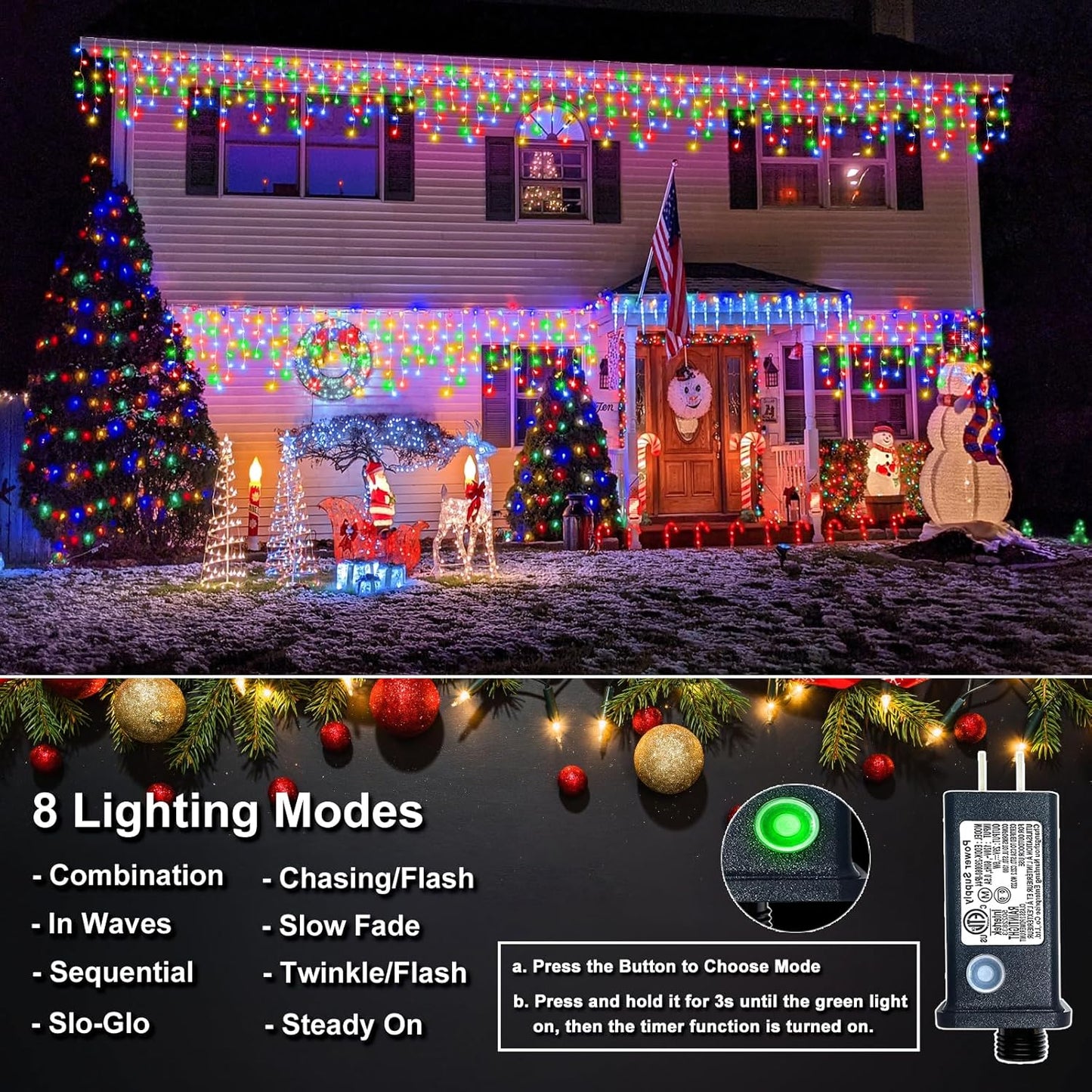 Icicle Christmas Lights Outdoor, 66FT 640 LED Icicle Lights for Outside with 8 Modes Timers, Waterproof Plug in Connectable String Light for Indoor Home Fence Yard Party Decorations, Multicolor