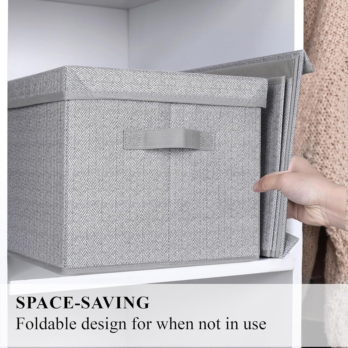 WUIKE 3 Pack Extra Large Foldable Storage Bins with Lids, Fabric Storage Bins for Home and Closet Organization, Herringbone Gray