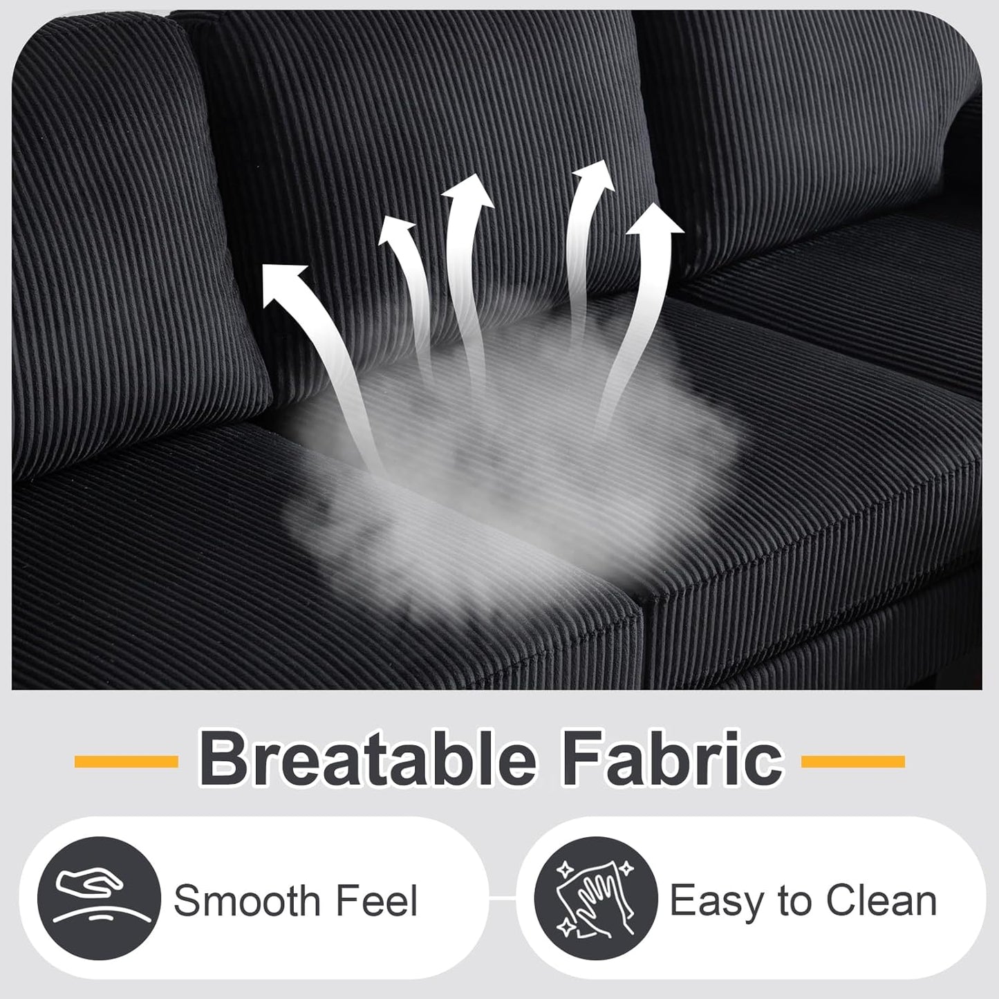 Karl home U-Shape Sectional Sofa Couch 111" Modern 4-Seat Sofa with Chaises Corduroy Fabric Upholstered Covertible Couch with Wood Grain Legs for Living Room, Reception Room, Apartment, Black