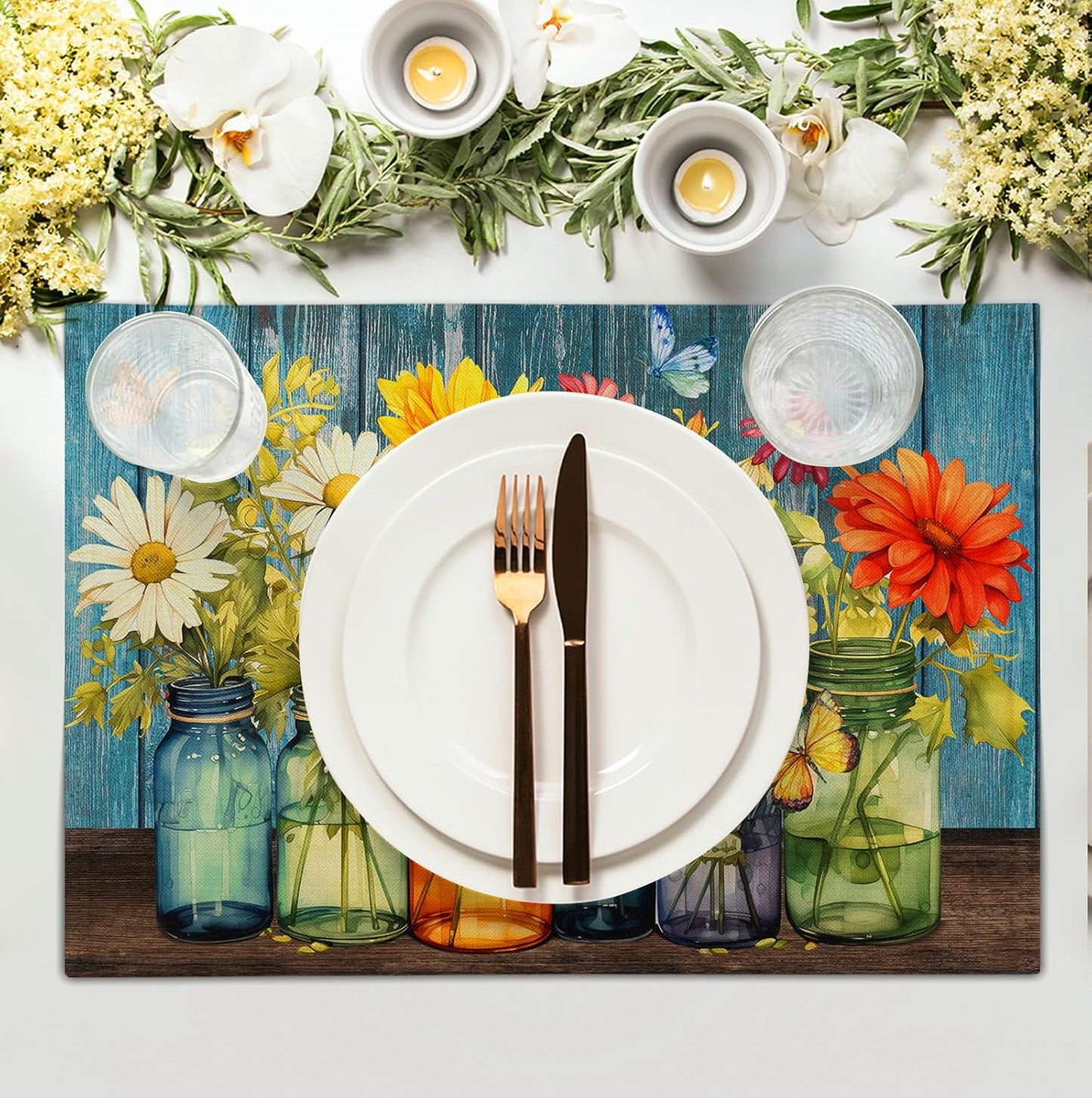 Rustic Daisy Placemats Set of 4 Vintage Flower Vases Wood Grain Linen Table Mats 12x18 Inch Summer Floral Wooden Board Farmhouse Washable Place Mat for Party Kitchen Dining Outdoor Indoor Decor