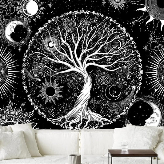 AACKart Tree of Life Tapestry for Bedroom Aesthetic Room Decor-Black and White Spiritual Tree Tapestry Wall Hanging with Sun Moon Star 78.7×59.1 inches